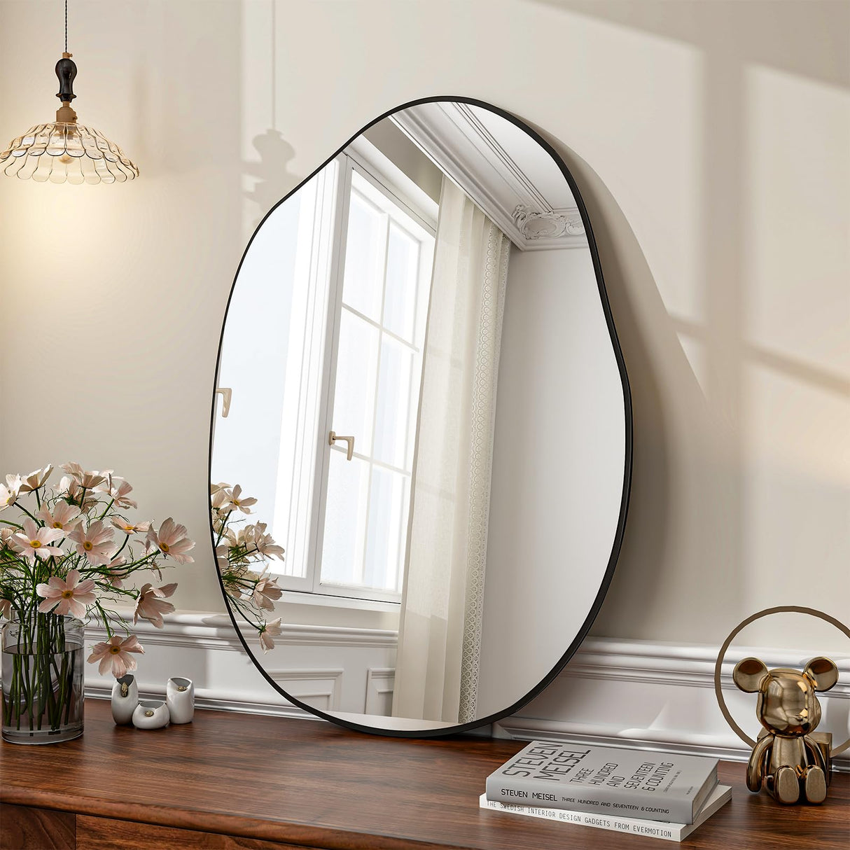 HARRITPURE Irregular Wall Mirror 26"x40" Black Asymmetrical Bathroom Mirror Wood Framed Modern Decorative Vanity Mirrors for Bedroom Living Room Entryway HARRITPURE