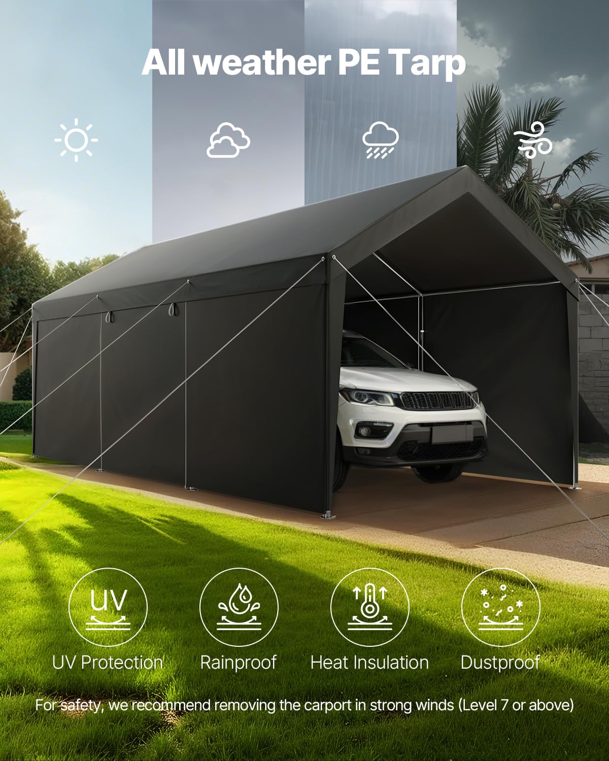 VEVOR 10x20 FT Heavy Duty Carport, Car Port Car Canopy, Potable Garage Car Canopy with Removable Sidewalls, Outdoor Car Shelter, UV and Water-Resistant Car Tent for Cars, Boats, Trucks, and Equipment VEVOR
