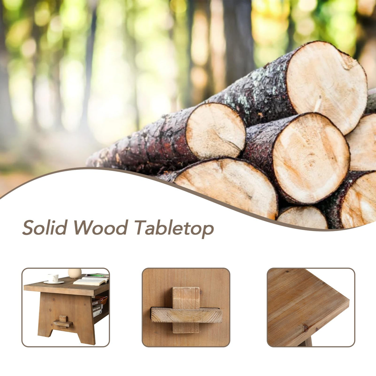 Farmhouse Wood Coffee Table - 43.4” Mid Century Modern Wooden Coffee Tables for Living Room, Solid Firwood Tabletop Rectangle Coffee Table, Center Table for Living Room, Brown HOKYHOKY