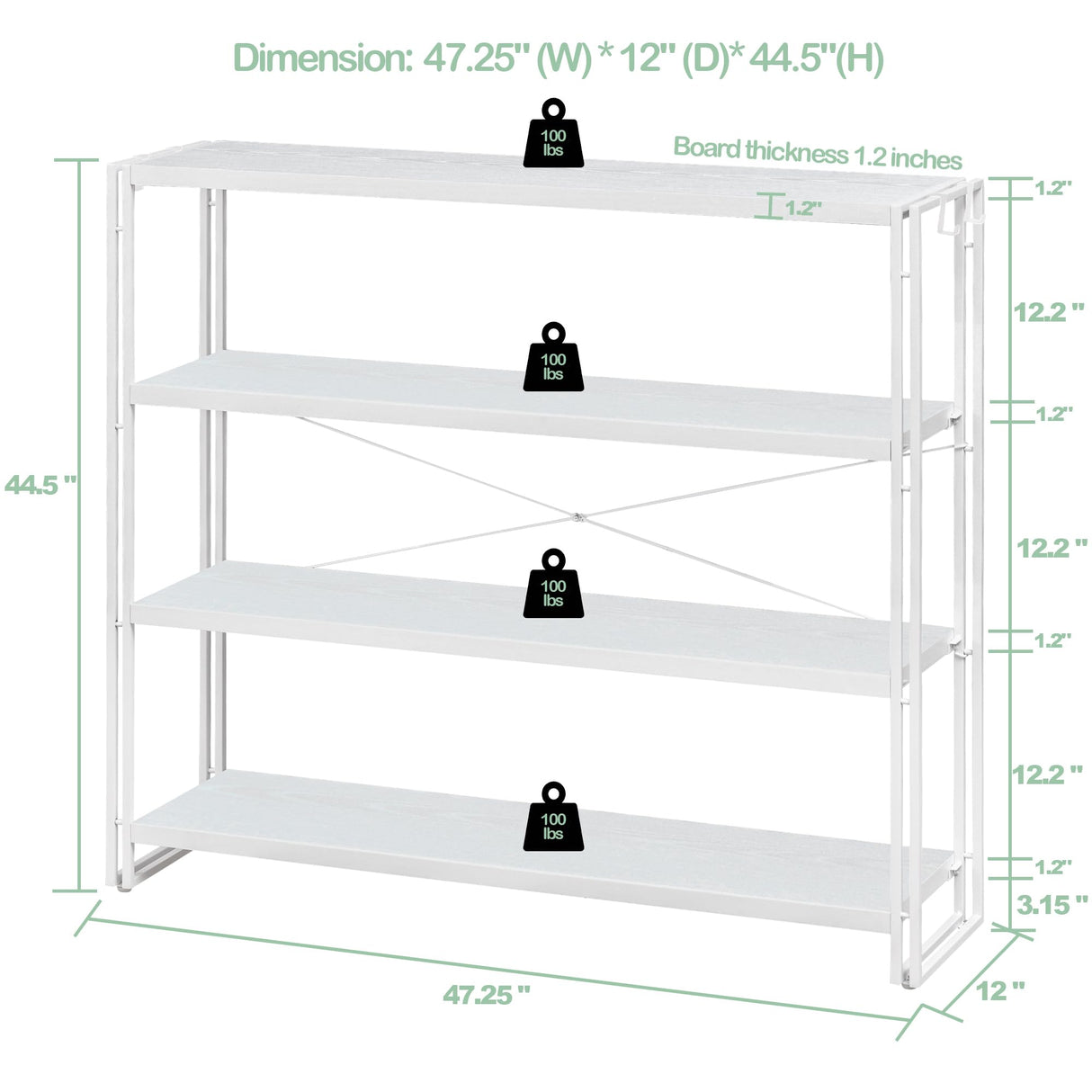 HCHQHS Bookshelf, 4-Tier Industrial Bookcase, White Open Book Shelf, Freestanding Tall Bookshelves with Metal Frame HCHQHS