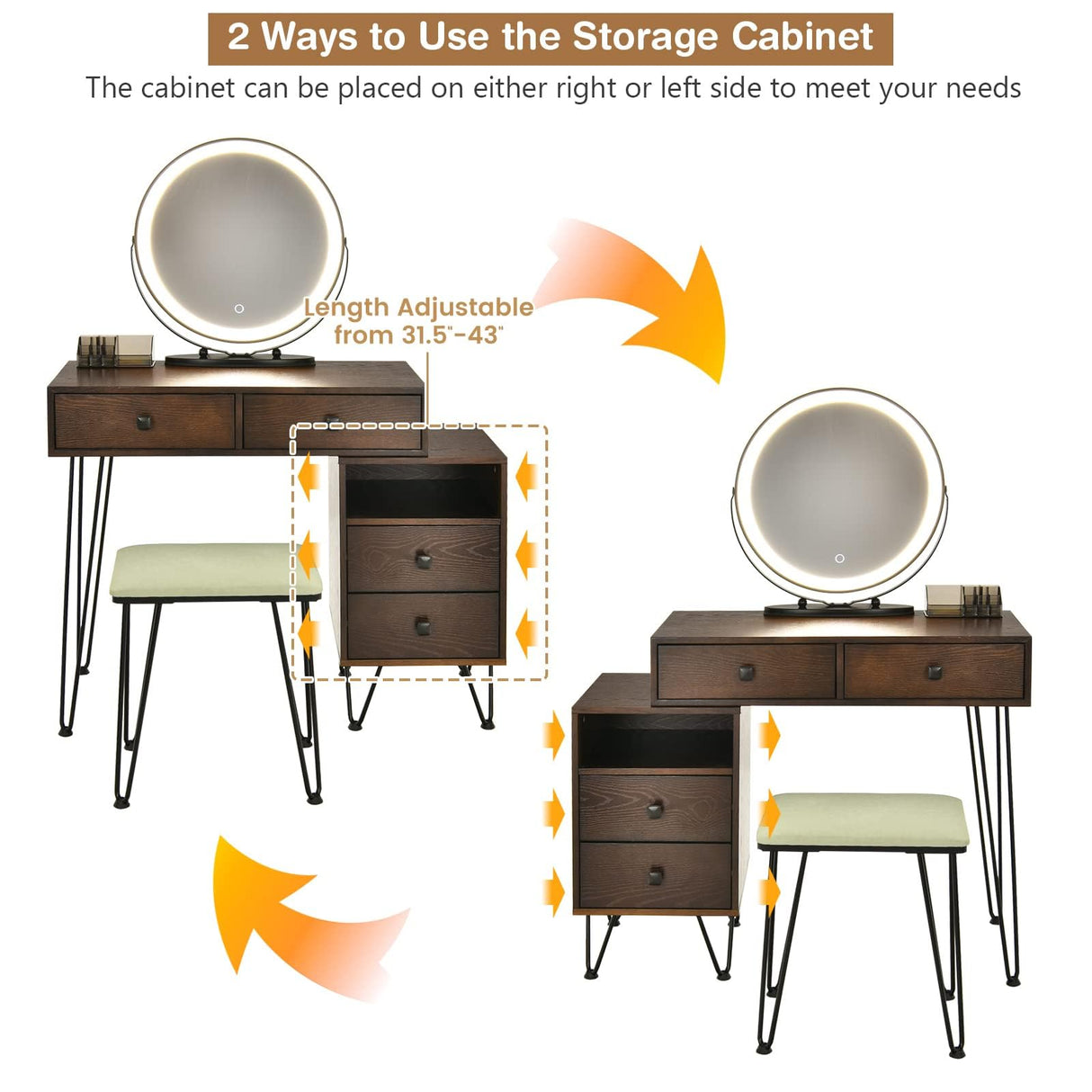 Byroce Vanity Desk w/Lights & Mirror, Makeup Vanity Set w/ 4 Large Drawers & Jewelries Organizer, 3 Color Light Options, Industrial Dressing Table & Stool (Espresso) WoodArtSupply