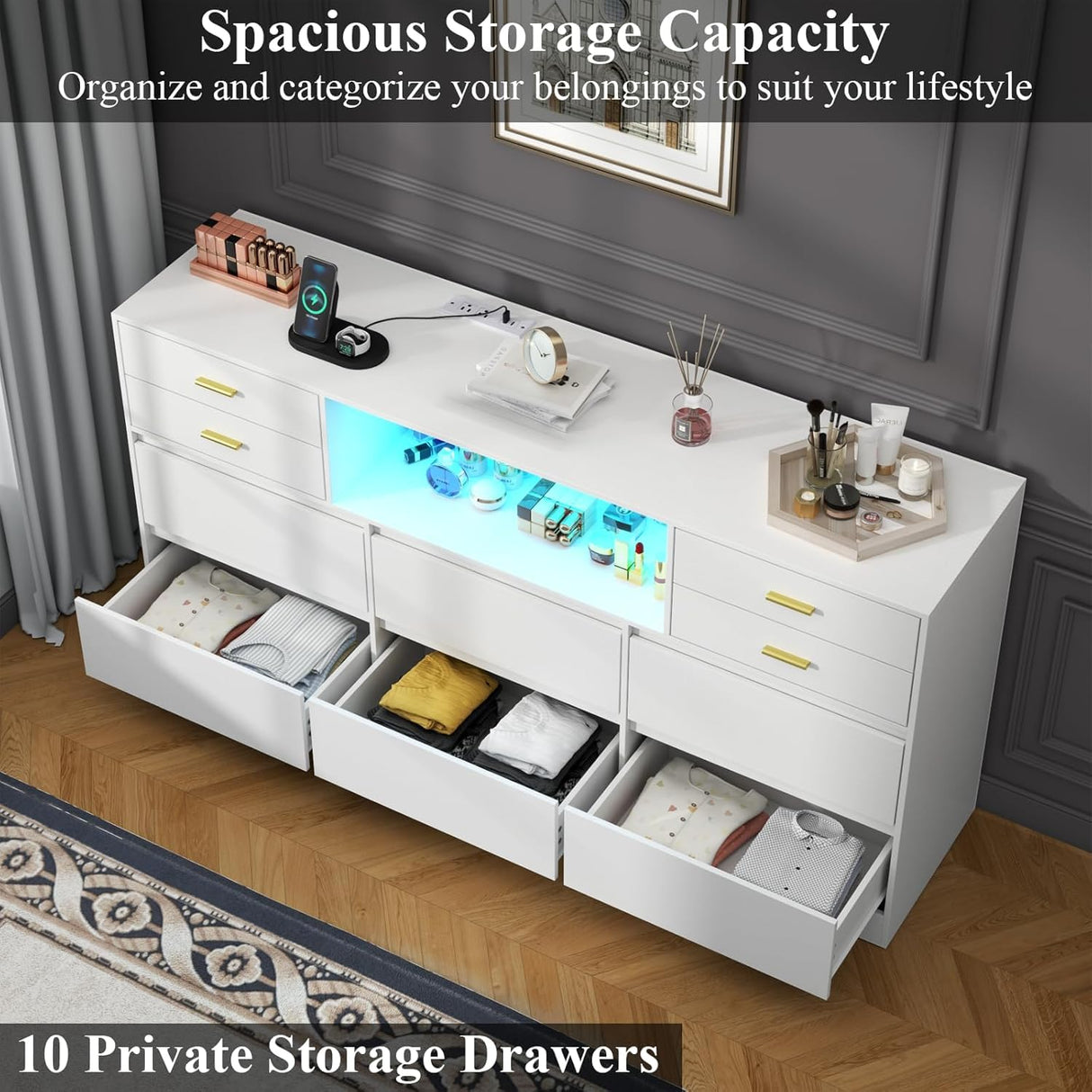 Loomie 10 Drawer White Dresser with Charging Station & Led Lights for Bedroom, 58" Long Triple Wide Dresser TV Stand for TVs up to 65", Large Dressers Organizer with Open Cubby, Wide Chest of Drawer Loomie