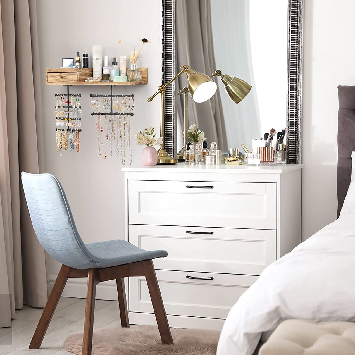 VINAEMO Jewelry Organizer Hanging Wall Mounted Jewelry Holder with Rustic Wood Drawer & Large Capacity Storage Shelf Rack Display for Earrings Rings Necklaces Bracelet VINAEMO