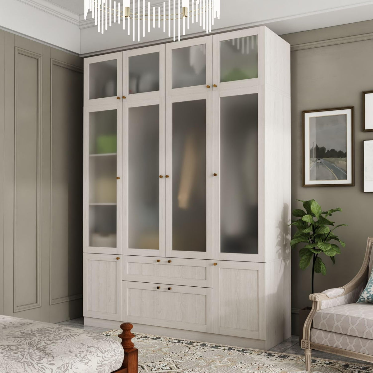 TAMUNE 4 Door Wardrobe Armoire Closet with Hanging Rods & 2 Drawers, Bedroom Armoire with Frosted Glass Doors, Top Cabinets & Gold Knobs, Wood Grain, 19.9”D x 63”W x 86.6”H TAMUNE