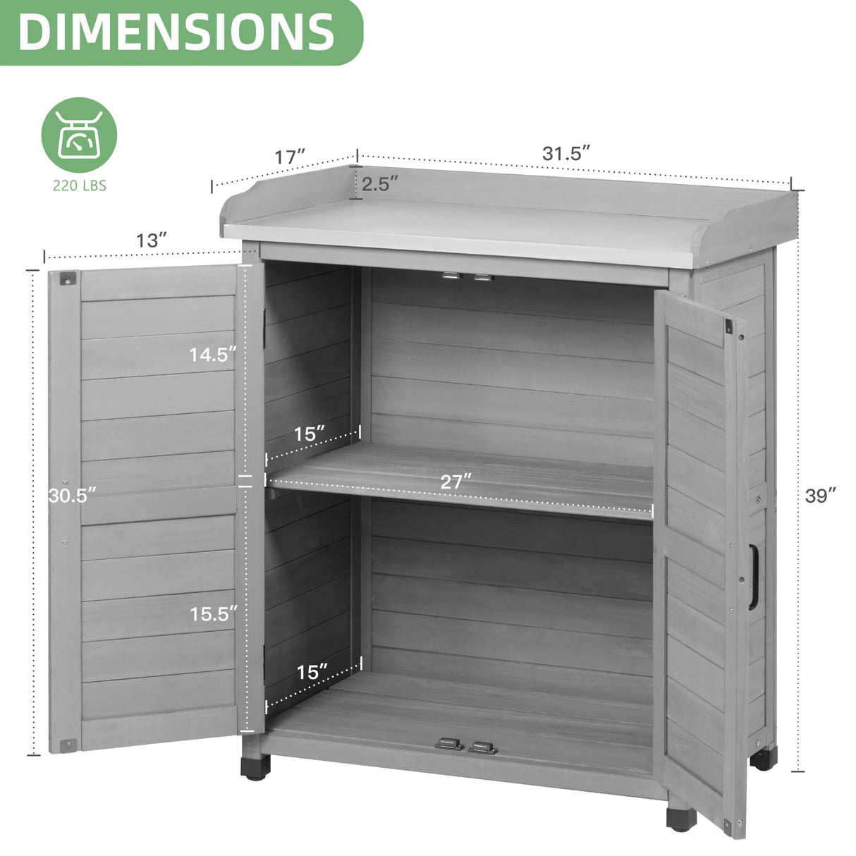 Potting Bench with Storage Cabinet and Metal Table Top for Outdoor Patio, Garden Furniture Wood Workstation (Classsic Grey, 31.5x17x39) Mederla