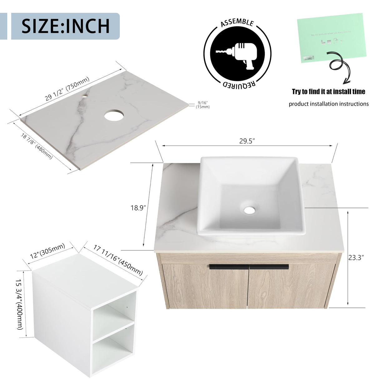 72 Inch Floating Bathroom Vanity, 72" Bathroom Vanity with Sink, Modern Double Sink Vanity Combo,White Oak Wall Mounted Cabinet Set with Open Storage Shelf WoodArtSupply