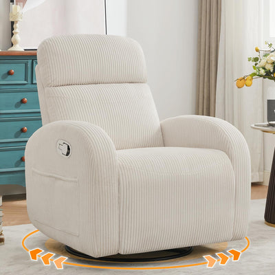 AEMEIOS Swivel Recliner Rocker Nursery, Nursering Glider Recliner, Manual Swivel Rocking Reclining with Double Pockets for Living Room, Corduroy Cream White