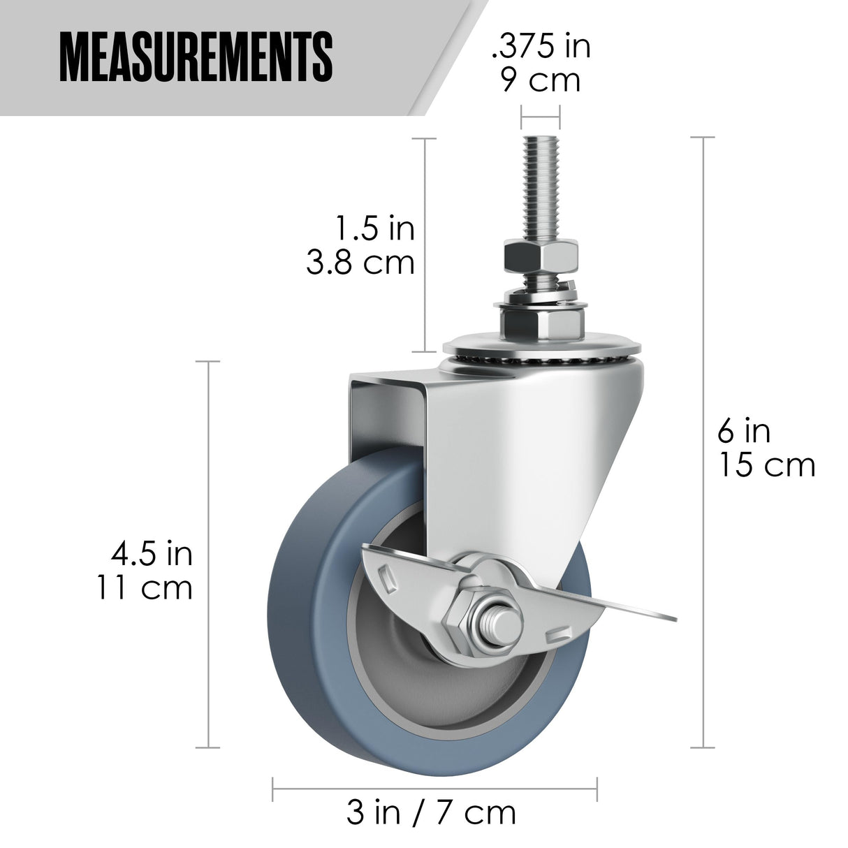 Caster Wheels, Casters, Casters Set Of 4, Stem Casters, 3 Inch Casters, Locking Casters, Castor Wheels, Rubber Casters, Wheels for Wire Shelving Racks, Casters for Wire Shelving, Heavy Duty 3/8-16x1.5 Houseables
