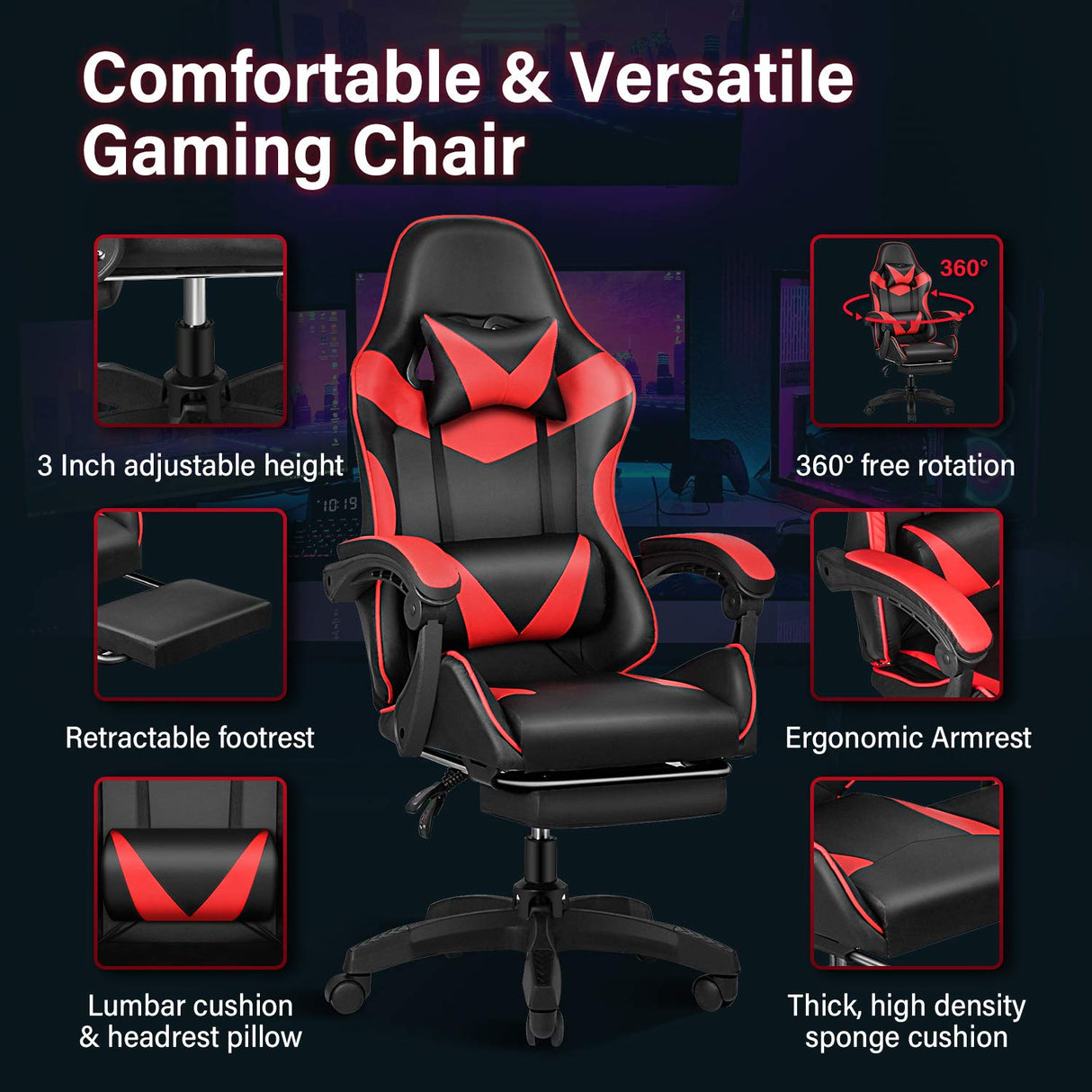 Gaming Chair, Backrest and Seat Height Adjustable Swivel Recliner Racing Office Computer Ergonomic Video Game Chair with Footrest and Lumbar Support, Red/Black YSSOA