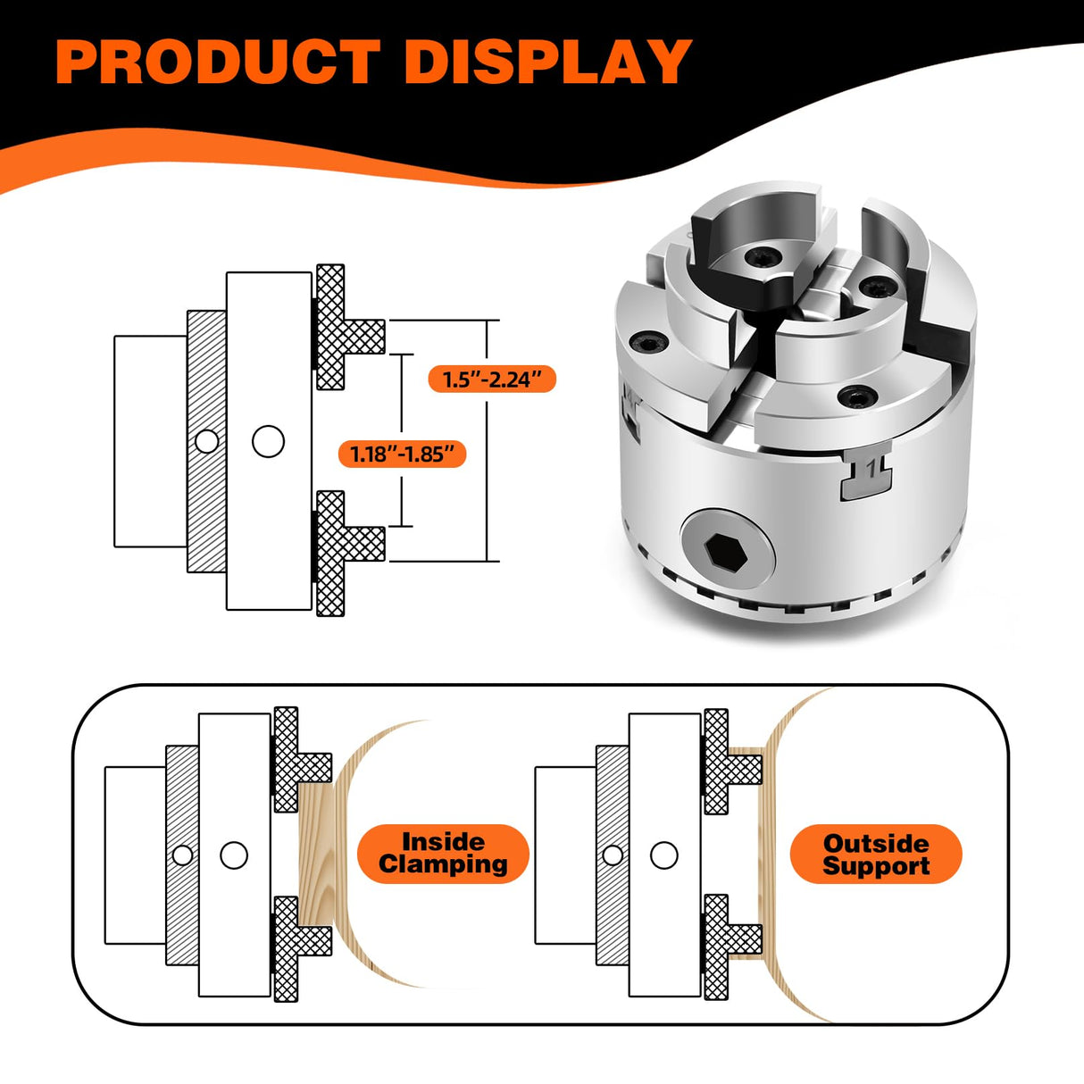Aspaton 2.75 Inch 4 Jaw Self-Centering Lathe Chuck Set with 1-Inch x 8TPI Thread & Inner Hexagon Spanner Aspaton