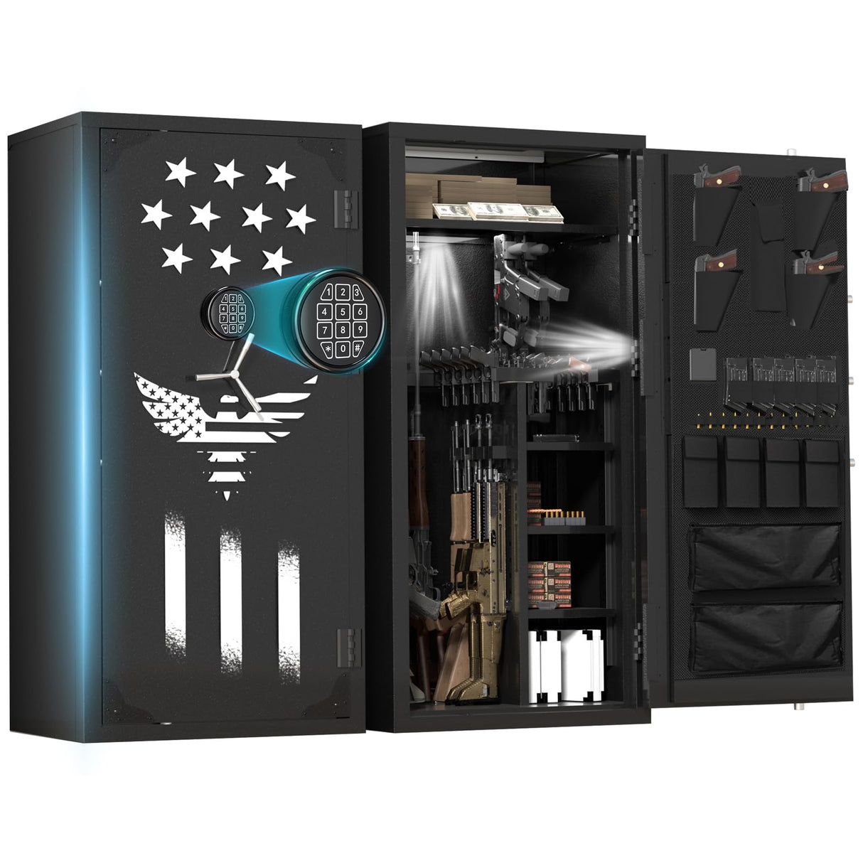 Large Rifle Safe, 30 Gun Safe for Rifle and Shotgun/Rifle Pistol Rack/Storage Pocket/Removable Shelf/Silent Mode/External Battery/LED,180° Open Door Panel Organizer Gun Cabinet Unassembled (Updated) TTSITG