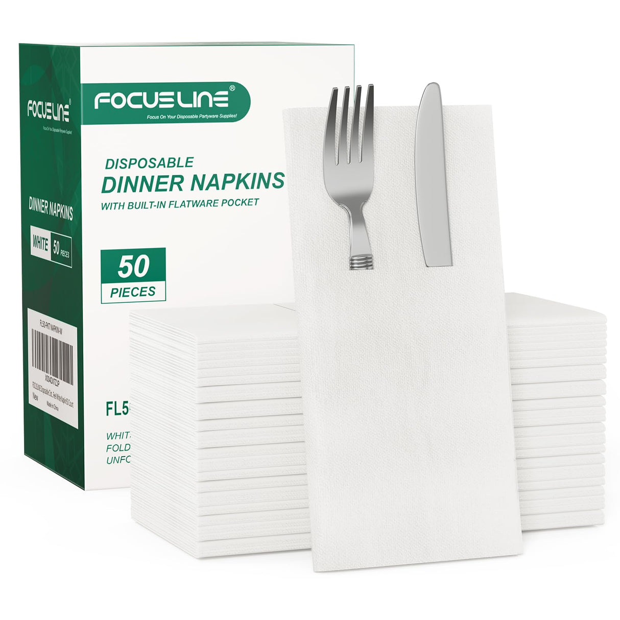 FOCUSLINE 50 Count Disposable Cloth like Napkins, Built-in Flatware Pocket, White Prefolded Paper Napkins, Linen Feel Dinner Napkins for Wedding, Parties, or Events FOCUSLINE