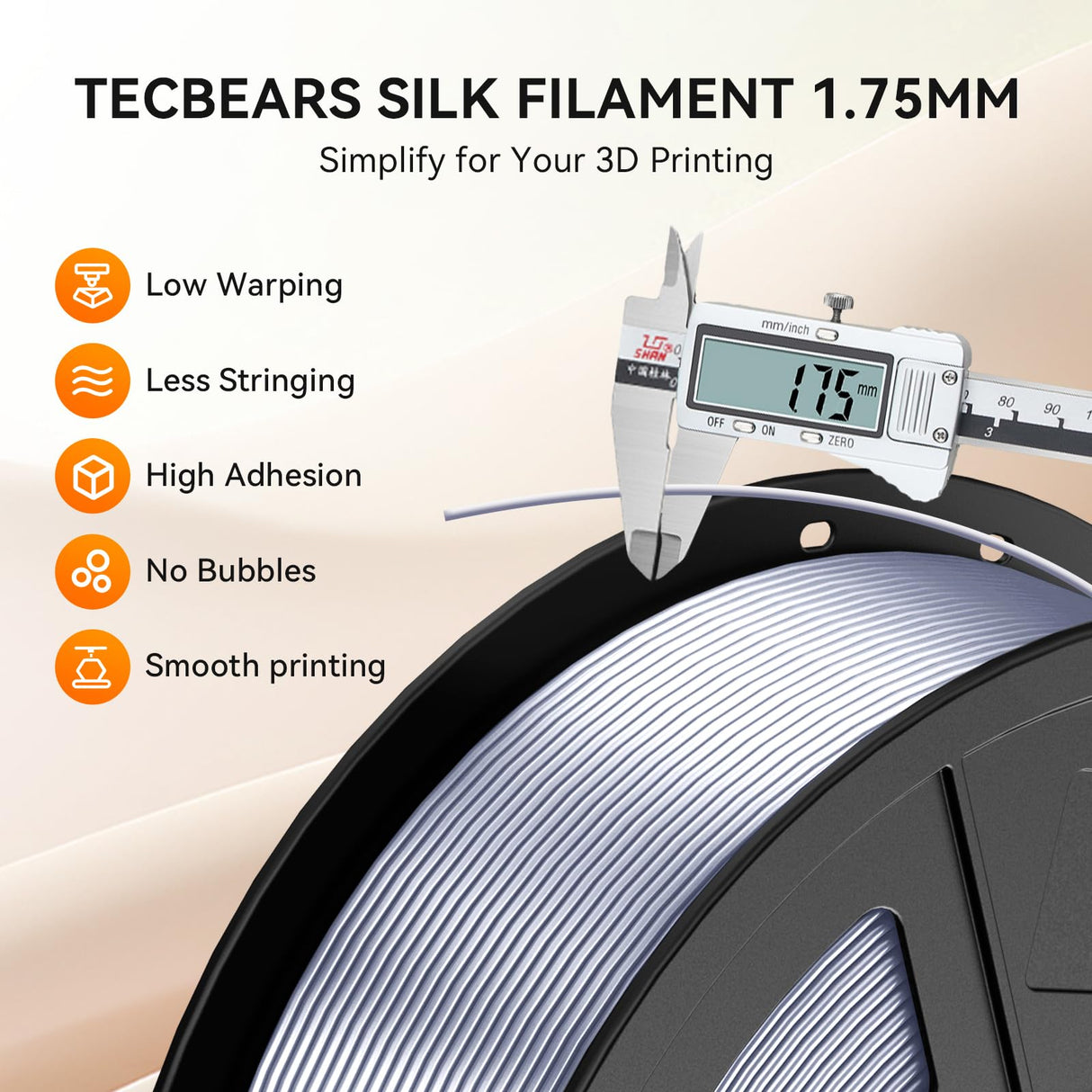 TECBEARS Silk Filament 1.75, Shiny Silk PLA Filament, 3D Printer Filament with Smooth Silky Surface, 250G Spool, 8 Rolls, Gold+Silver+Purple+Green+Blue+Pink+Orange+Red Copper TECBEARS