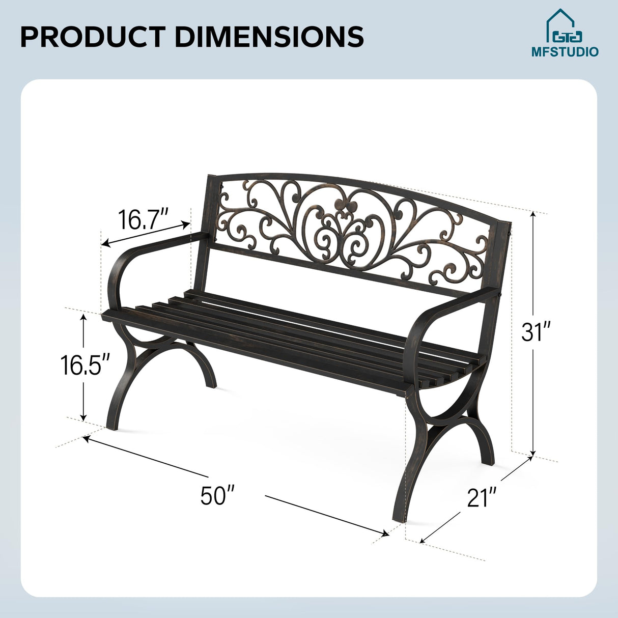 MFSTUDIO 50 Inches Outdoor Garden Bench, Cast Iron Metal Frame Patio Park Bench with Floral Pattern Backrest, Arch Legs for Porch, Lawn, Yard-Bronze MFSTUDIO