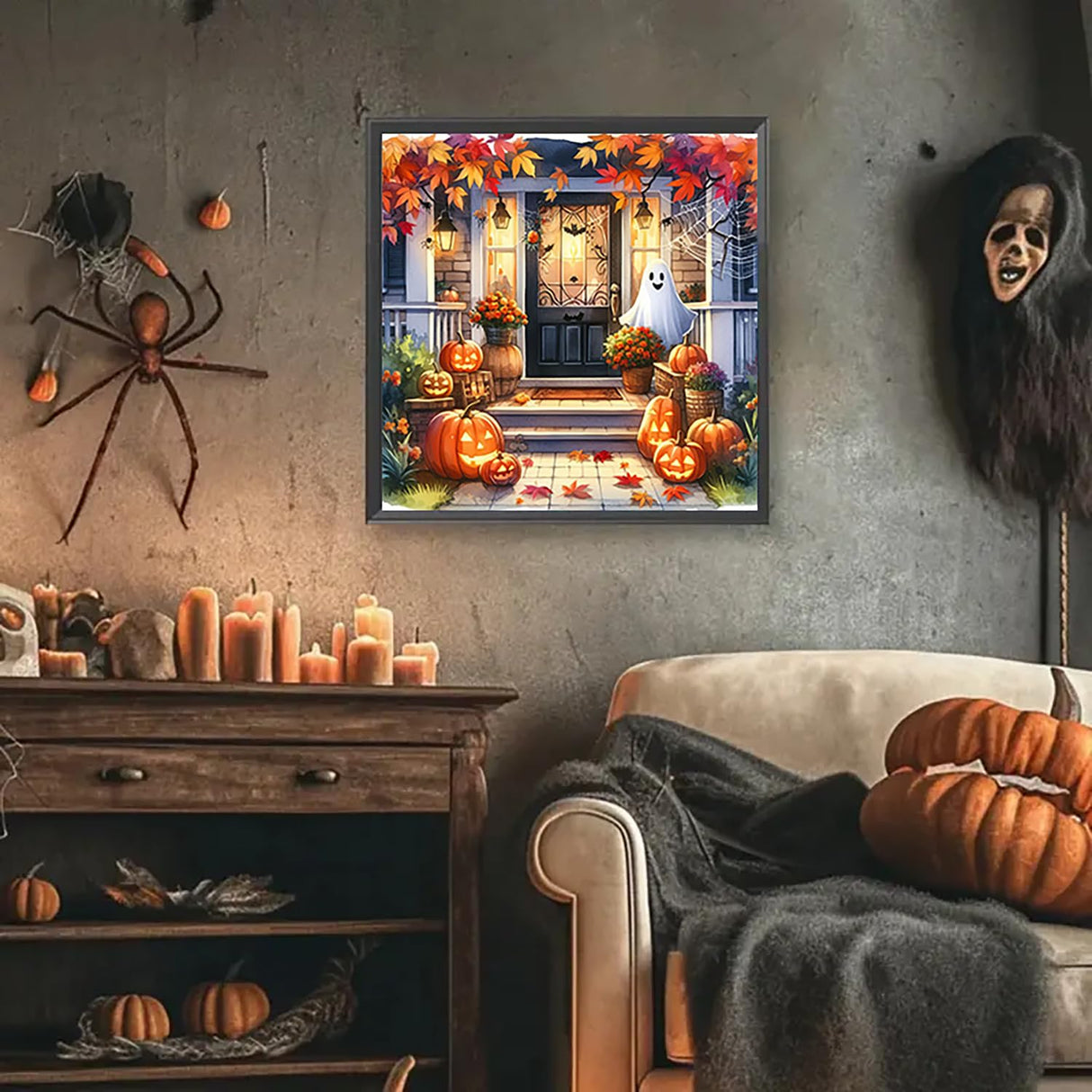 Autumn Pumpkin Ghost Leaf Diamond Art Kits for Adults, 5D Diamond Painting Kits for Adults Beginners, DIY Full Round Drill Diamond Dot Painting Gem Art Kits for Adult, Home Wall Decor 13.8x13.8 Inch VCLKDIY