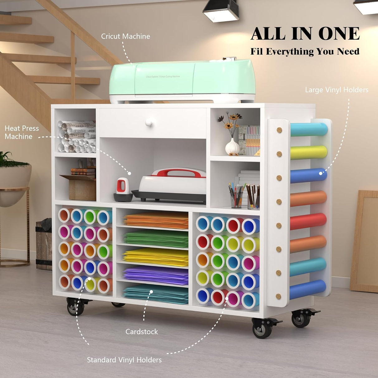 Craft organization and storage Cart Compatible with Cricut Machine, Rolling Craft Organizer With large drawer & 48 Vinyl Roll Holder, Crafting Cabinet Table Workstation for Craft Room Home CXQ
