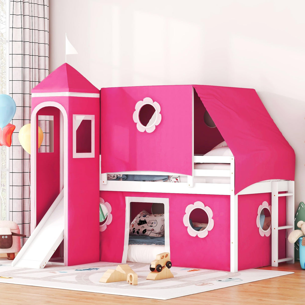 Polibi Castle Loft Bed with Slide & Tent and Tower, Playhouse Design Spacious Under Bed Space with Curtains, Wood Tent Bed Frame for Kids Boys Girls (Pink, Twin) Polibi