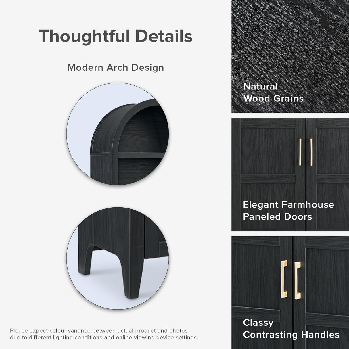 mopio Lauren 65.4" Short Arched Cabinet, 5-Tier Arched Bookcase with Doors and Shelves, Mini Arched Bookshelf with Storage, Kitchen Pantry Cabinet, Wooden Storage Cabinet for Living Room (Black) mopio