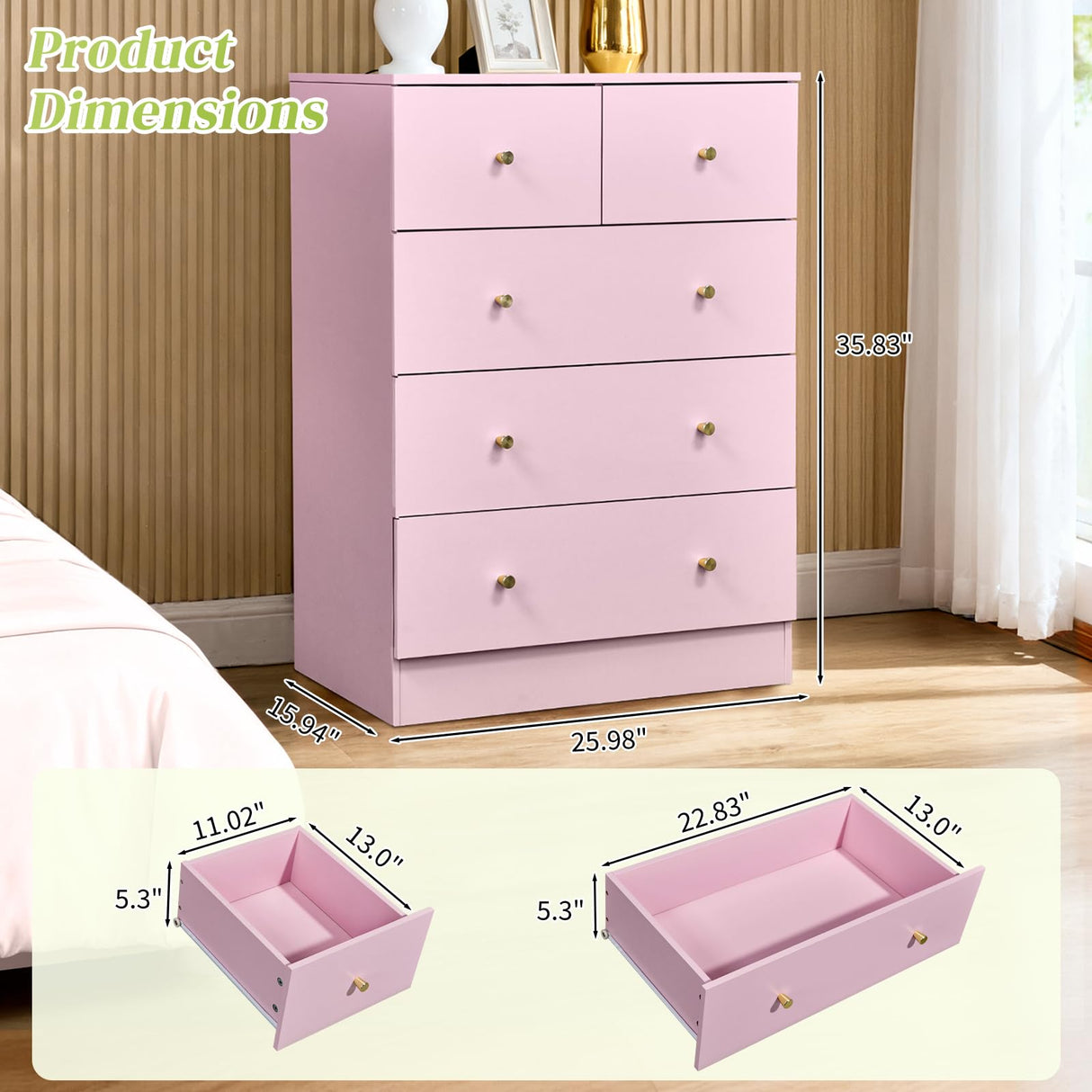 Karl home Dresser for Bedroom, Modern Wood Dresser Chest of Drawers, Bedroom Dressers Nightstand, Anti-Tipping Device, Rose Gold Metal Handle, Living Room, Hallway, Office (Pink-5 Drawer) Karl home