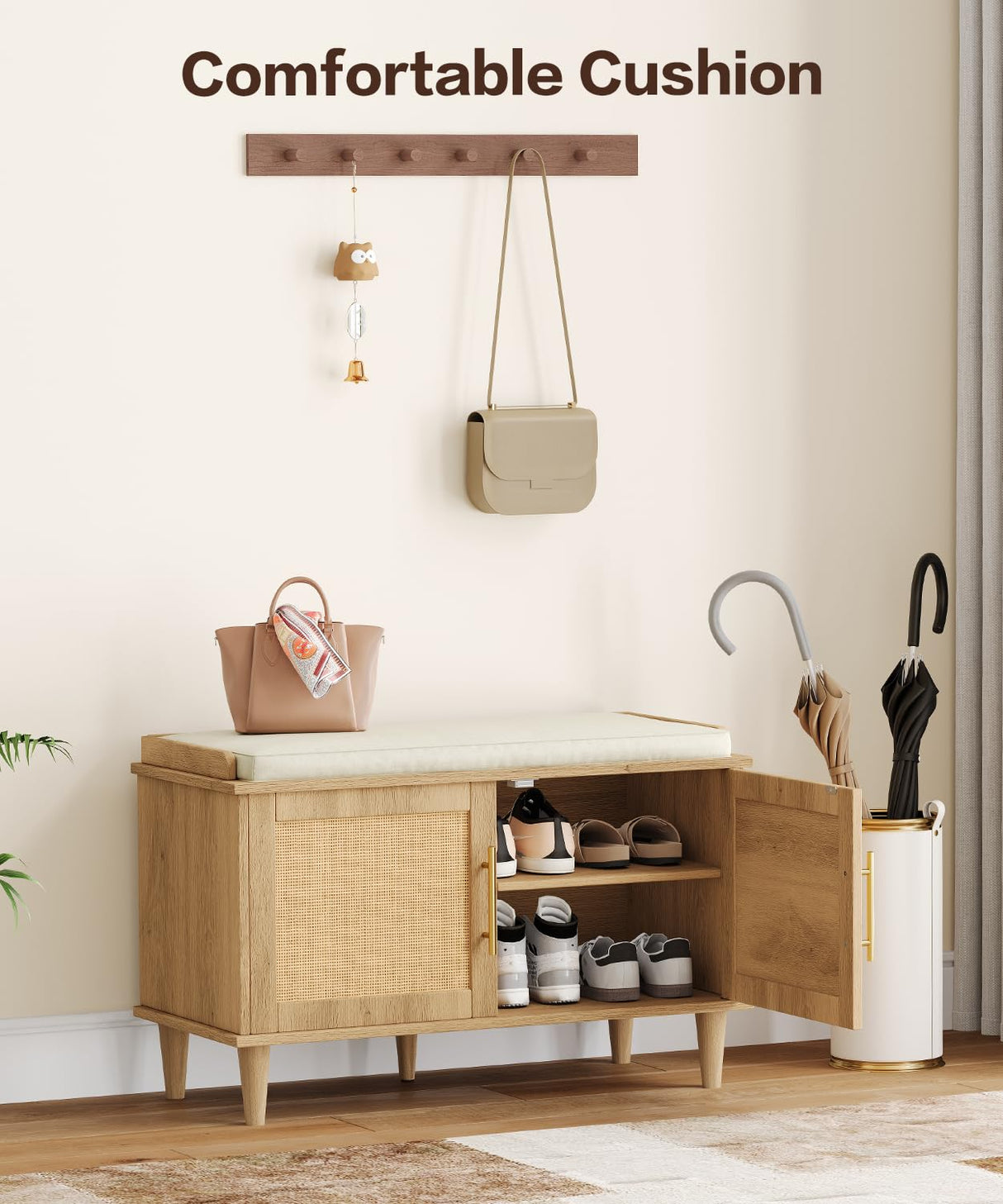 Akxomel Natural Rattan Shoe Storage Bench with Cushion, Entryway Shoe Cabinet Bench with 2 Doors, 15"D x 31.5"W x 20"H, Wooden Shoe Organizer, Adjustable Shelf, Solid Wood Legs, for Hallway, Bedroom Akxomel