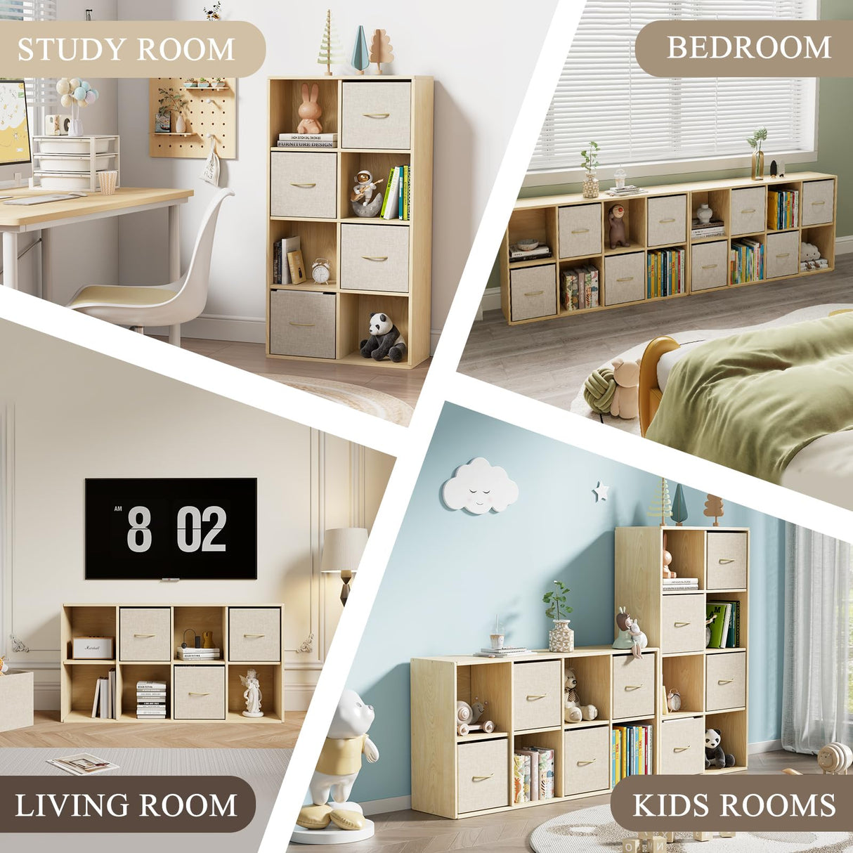 8 Cube Storage Organizer - Solid Wood Bookshelf with 4 Storage Bins, Cube Shelf with 2 Removable Back Panels, Vertical or Horizontal Bookcase, Open Book Shelf for Bedroom, Living Room, Office EXPERLAM