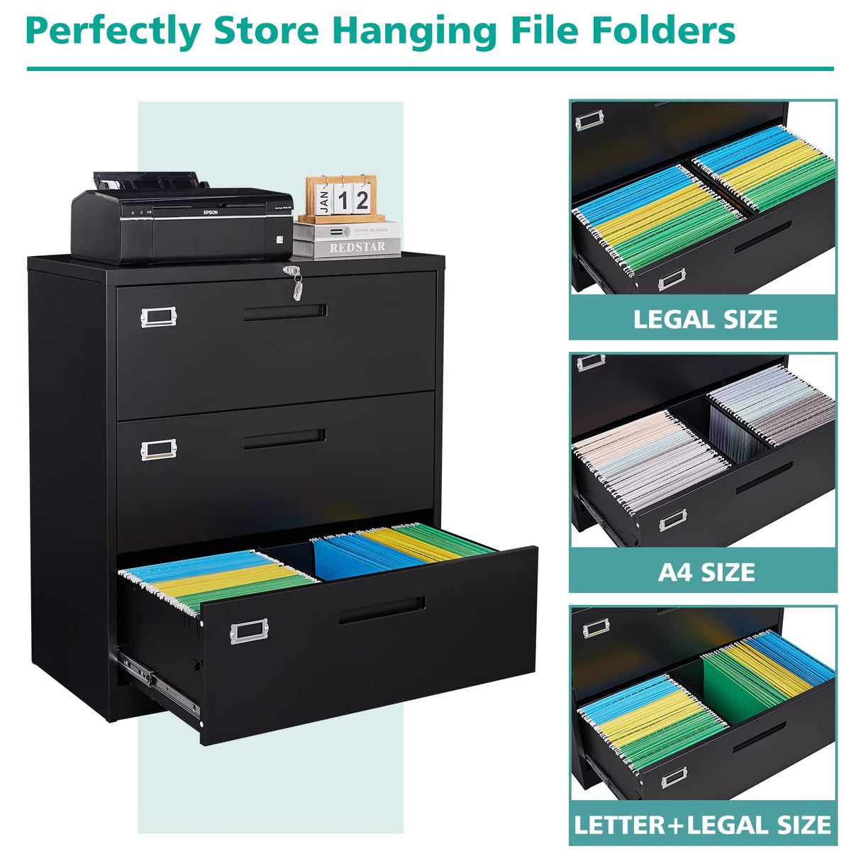 MIIIKO Lateral File Cabinet with Lock, 3 Drawer Lateral Filing Cabinet, Large Deep Drawers Locked by Keys, Metal Storage File Cabinet for Hanging Files Letter/Legal/F4/A4 Size MIIIKO