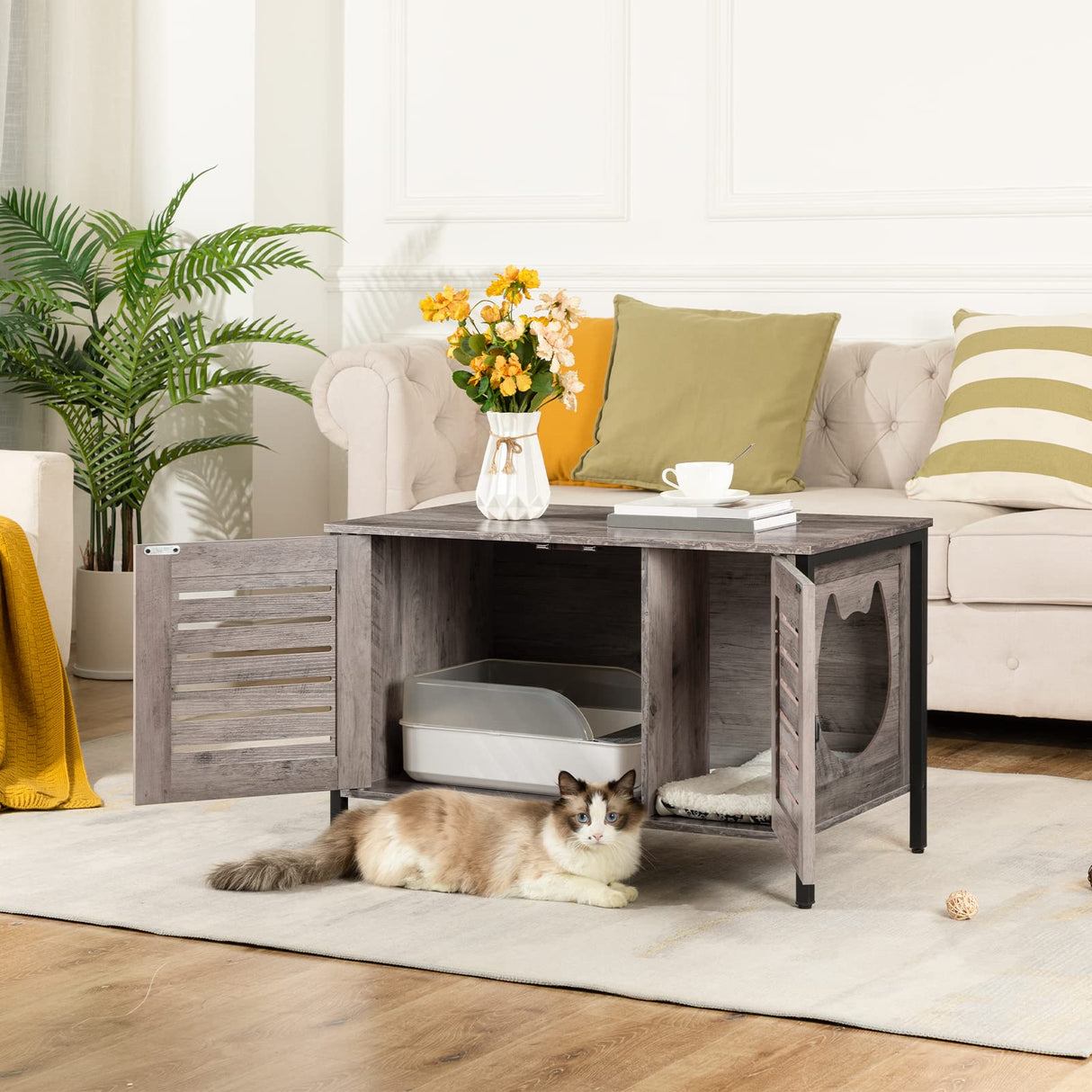 HOOBRO Cat Litter Box Enclosure, Hidden Litter Box Furniture with Shutter Door and Head Mat, Cat Furniture Fit Most Cats, 31.5''L x 17.7''W x 19.9''H, Greige BG06MW01 HOOBRO