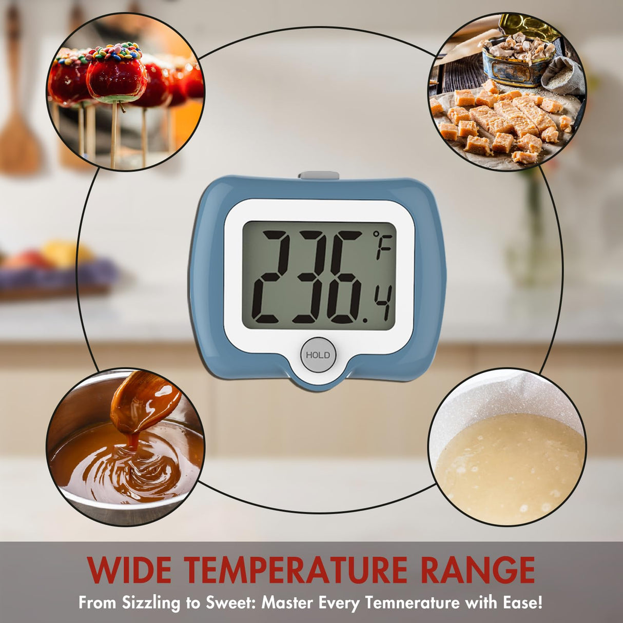 KT THERMO Digital Candy Thermometer, LCD Instant Read Food Meat Thermometer with 10" Probe and Pot Clip for Candy Making, Kitchen Accessories, Baking Tools(Blue) KT THERMO