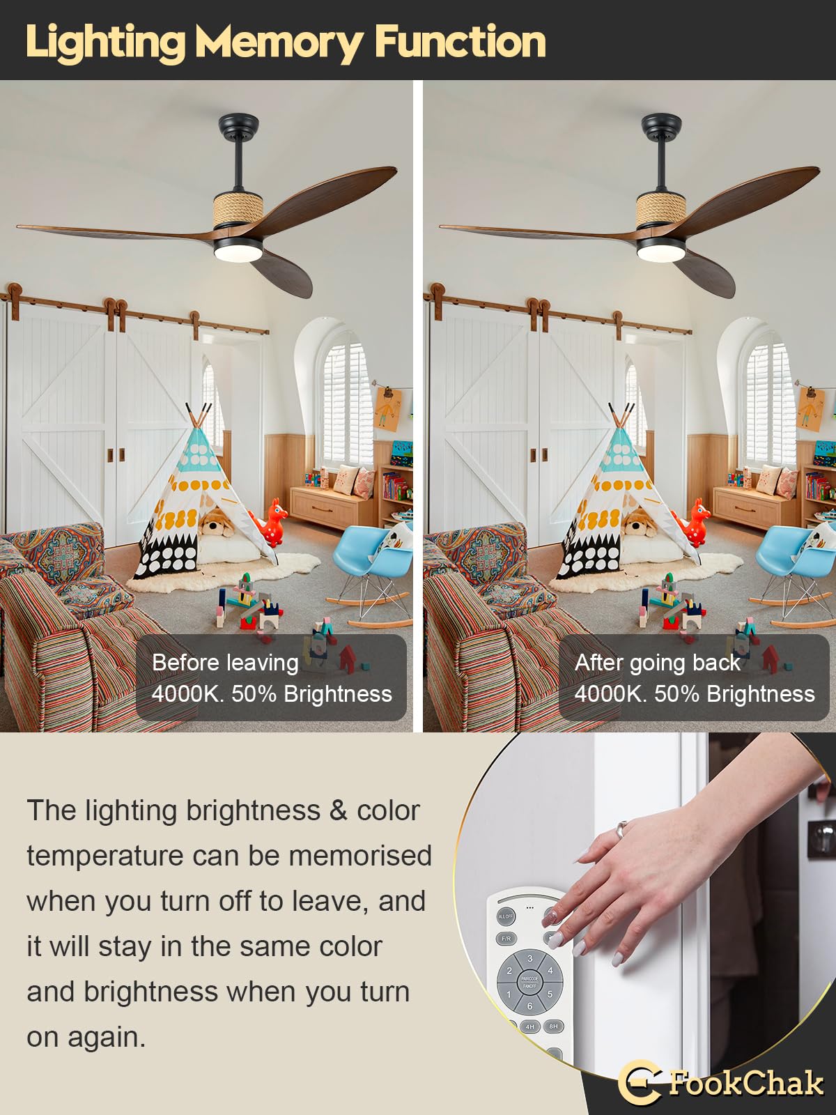 FookChak 60in Dimmable Black Ceiling Fan Light with Remote Control 3 Blade Hemp Rope Farmhouse Ceiling Fan with Light Walnut Wood LED Ceiling Fan Outdoor for Patio Kitchen Bedroom Living Room FookChak