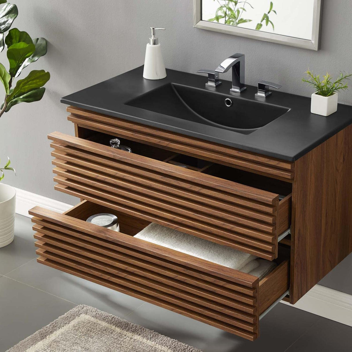 Modway Render 36" Wall-Mount Bathroom Vanity in Walnut Black Modway