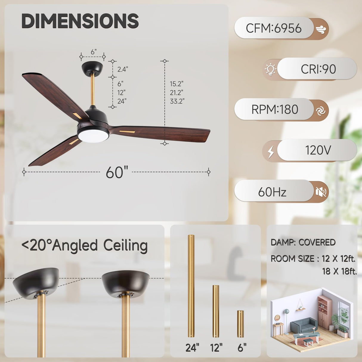 AUNLPB 60 inch Farmhouse Rustic Ceiling Fans with Lights, Solid Wood Ceiling Fan, Outdoor Ceiling Fans for Patios Waterproof, DC Reversible Motor High CFM Large Ceiling Fan for Exterior, Front Porch AUNLPB