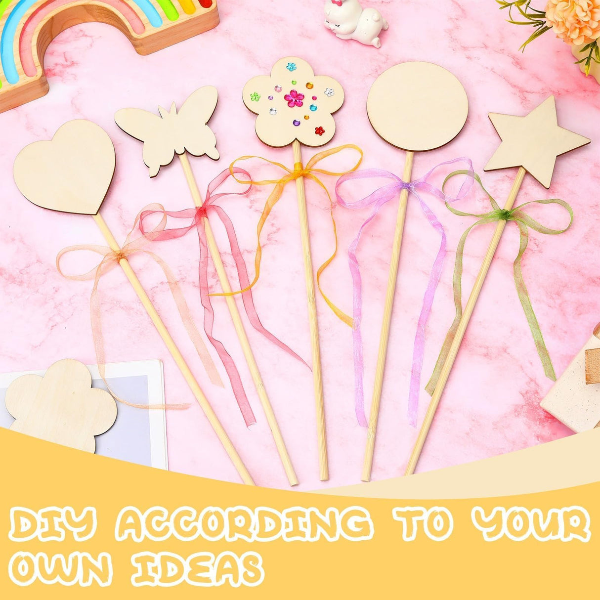 AUGSUN 43Pcs Princess Fairy Wands Kit, 20Pcs Wood Fairy Wands 20 Ribbons with 3 Sheets Gem Stickers Birthday Party Supplies Make Your Own DIY Crafts Art Magical Gifts AUGSUN