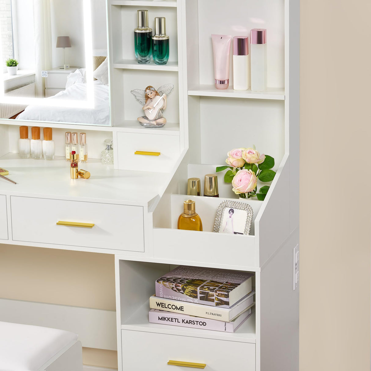 BEWISHOME White Vanity Desk with Mirror and Lights,Large Vanity with 3 Lighting Modes,Drawers,Open Storage,Makeup Vanity Set Makeup Desk Dressing Table,Big Vanity Table with Charging Station FST25W BEWISHOME