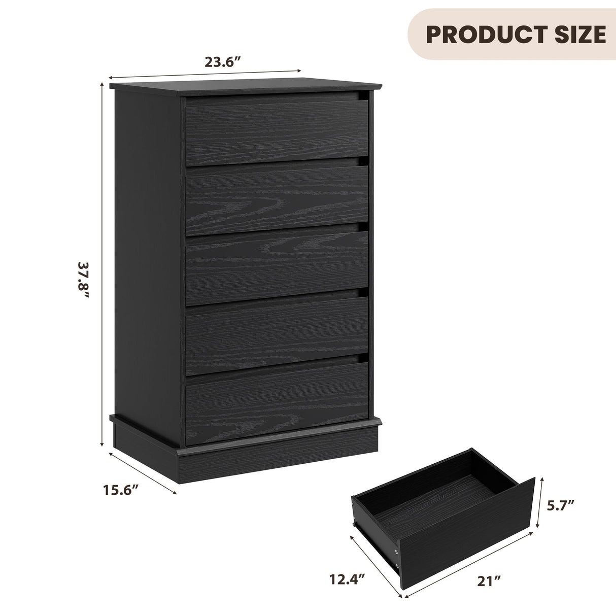 GarveeHome 5 Drawer Dressers for Bedroom, Chest of Drawers with Deep Drawers, Large Double Dresser for Closet with Wide Top, Tall Wooden Dresser for Living Room, Hallway, Kids Room, Black GarveeHome