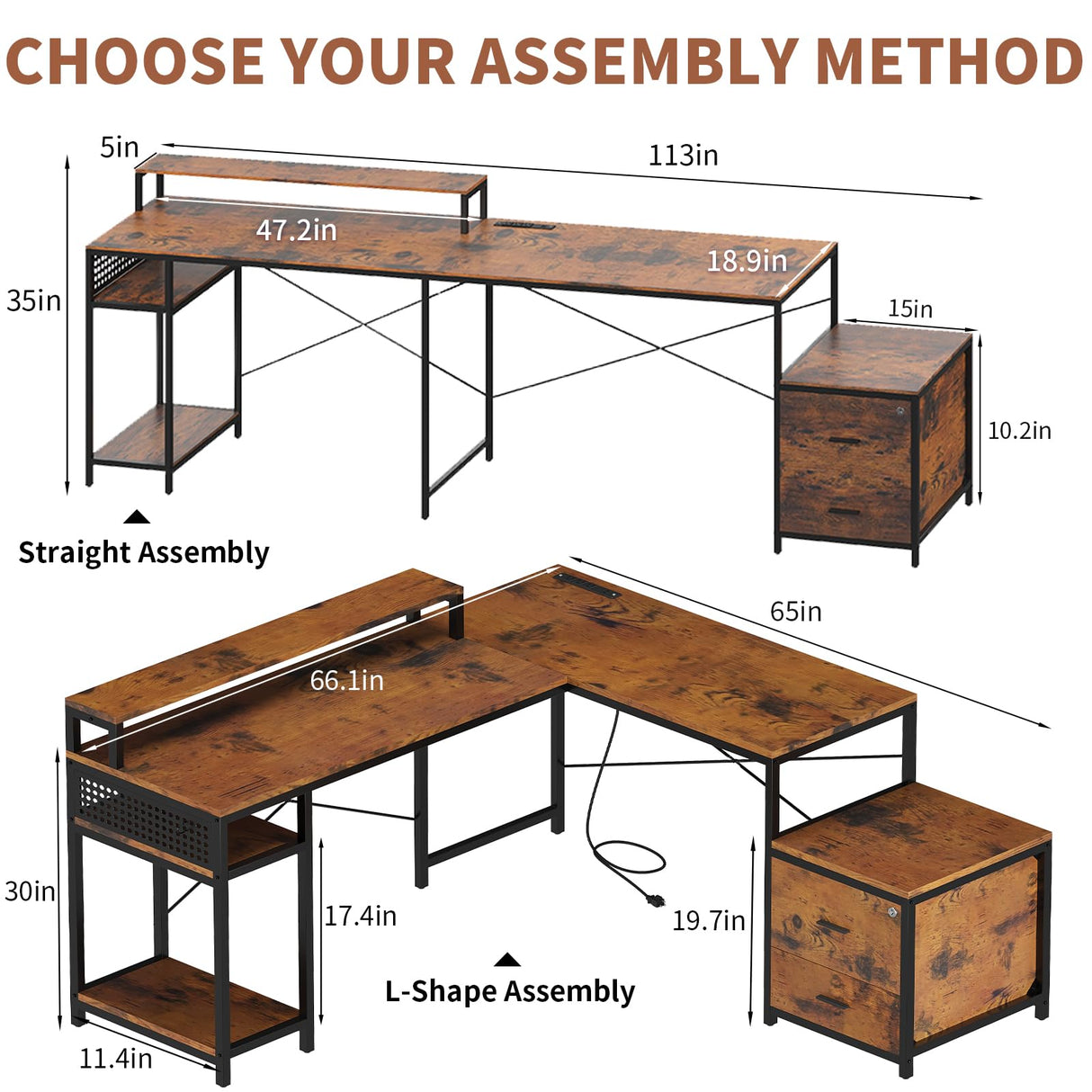 OtterOasis 66" L Shaped Desk with Wood Drawers, 113" 2 Person Desk with Printer Stand, Large Reversible L Shape Gaming Desk with Power Outlet, Brown Computer Desk with Power Outlet for Home Office OtterOasis