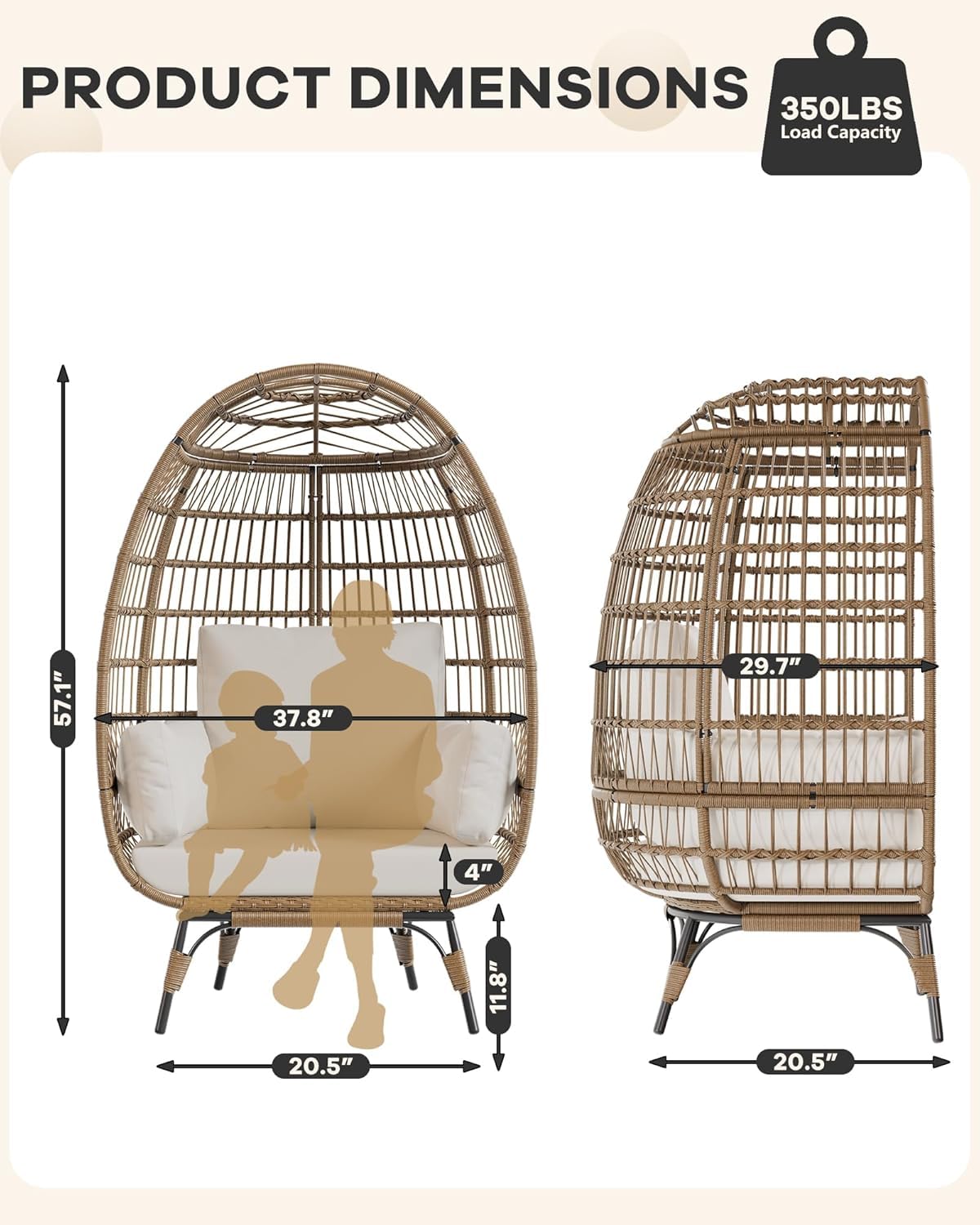 GAOMON Egg Chair, Oversized Wicker Outdoor Chairs with Luxury Cushions, 350LBs Capacity Steel Frame Patio Lounge Chaise for Indoor/Outdoor Use for Balcony, Living Room, Patio, White GAOMON
