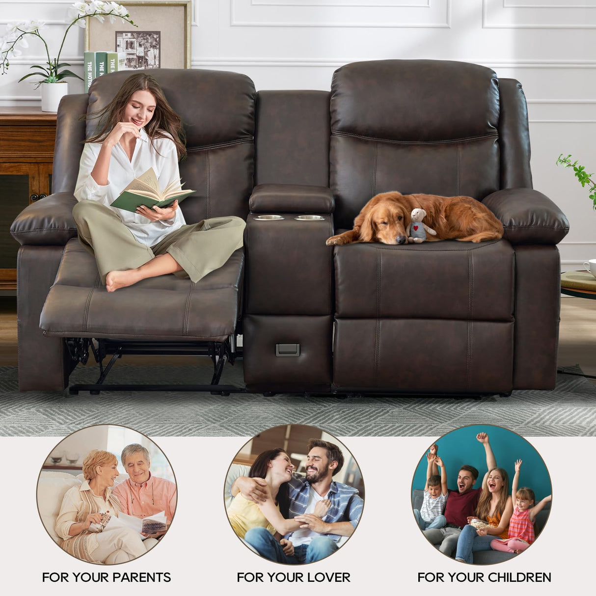 B BAIJIAWEI Loveseat Recliner, Reclining Sofa with Console, Double Reclining Couch, 2 Seater Manual Massage Couch for Living Room, Office, Home Theater(PU-Brown) B BAIJIAWEI