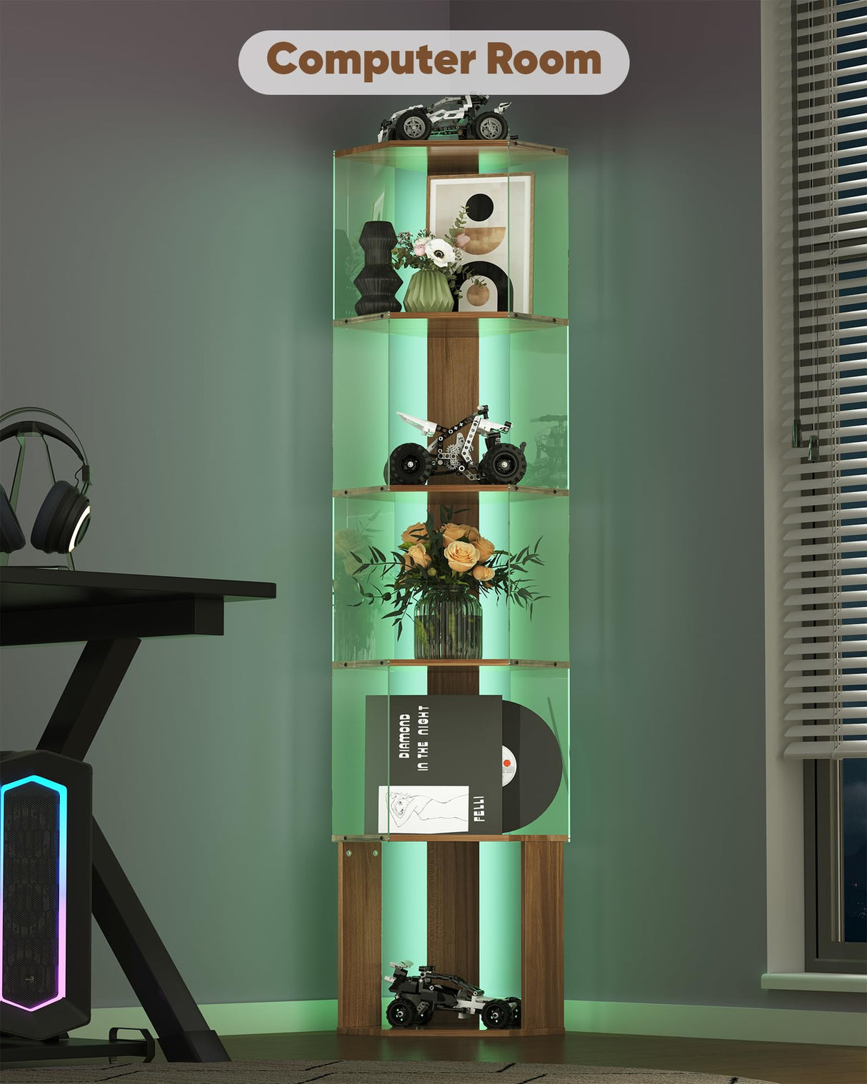 6 Tier Corner Shelf with Adjustable LED Light Corner Shelf Stand 62.8in High Acrylic Corner Display Cabinet for Living Room Bedroom Study Room Baoz