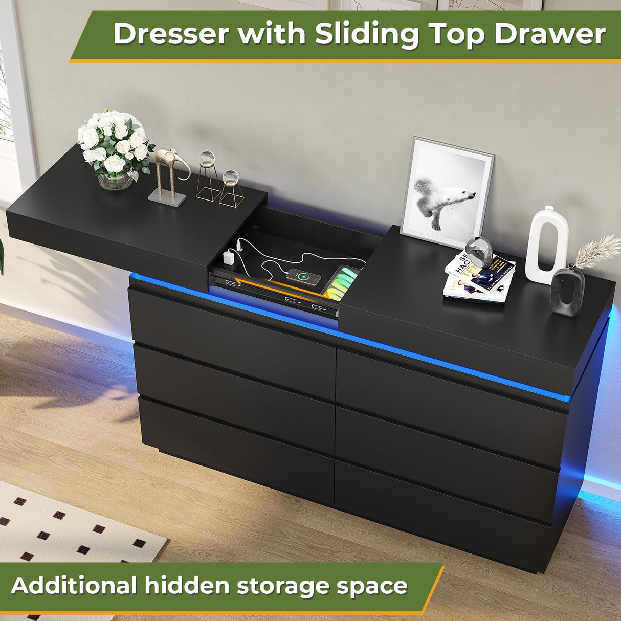 DICTAC Modern 6 Drawer Dresser with Sliding Desktop, Wide Chest of Drawers with Charging Station & LED Lights, Large Storage Tower Clothes Organizer, Black Dresser for Bedroom DICTAC