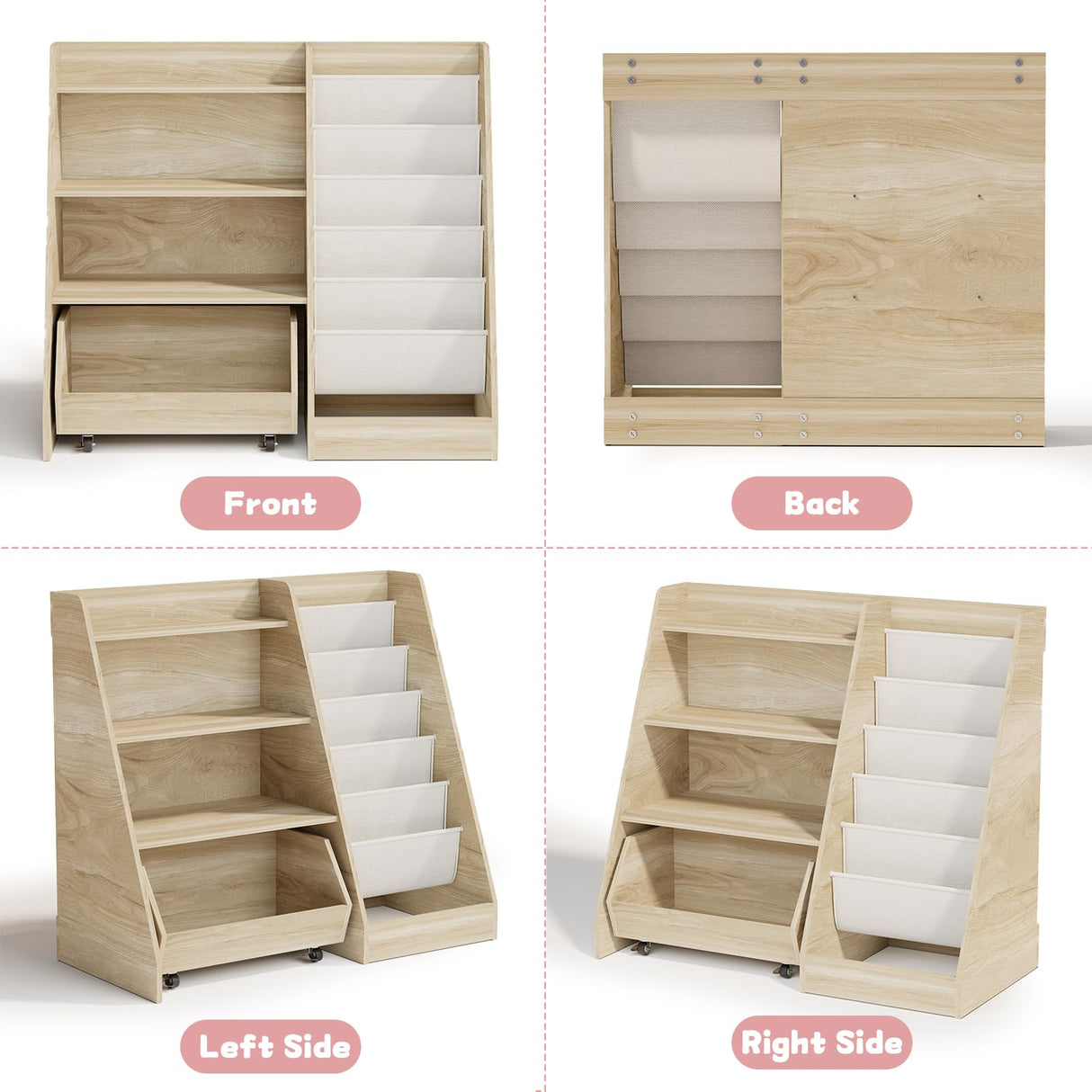 COZPAW Kids Bookshelf and Toy Storage, 4 Tier Toddler Bookshelf with Movable Drawer 5 Sling Pockets, Montessori Book Shelf for Kids Room, Playroom, Nursery (Oak) COZPAW