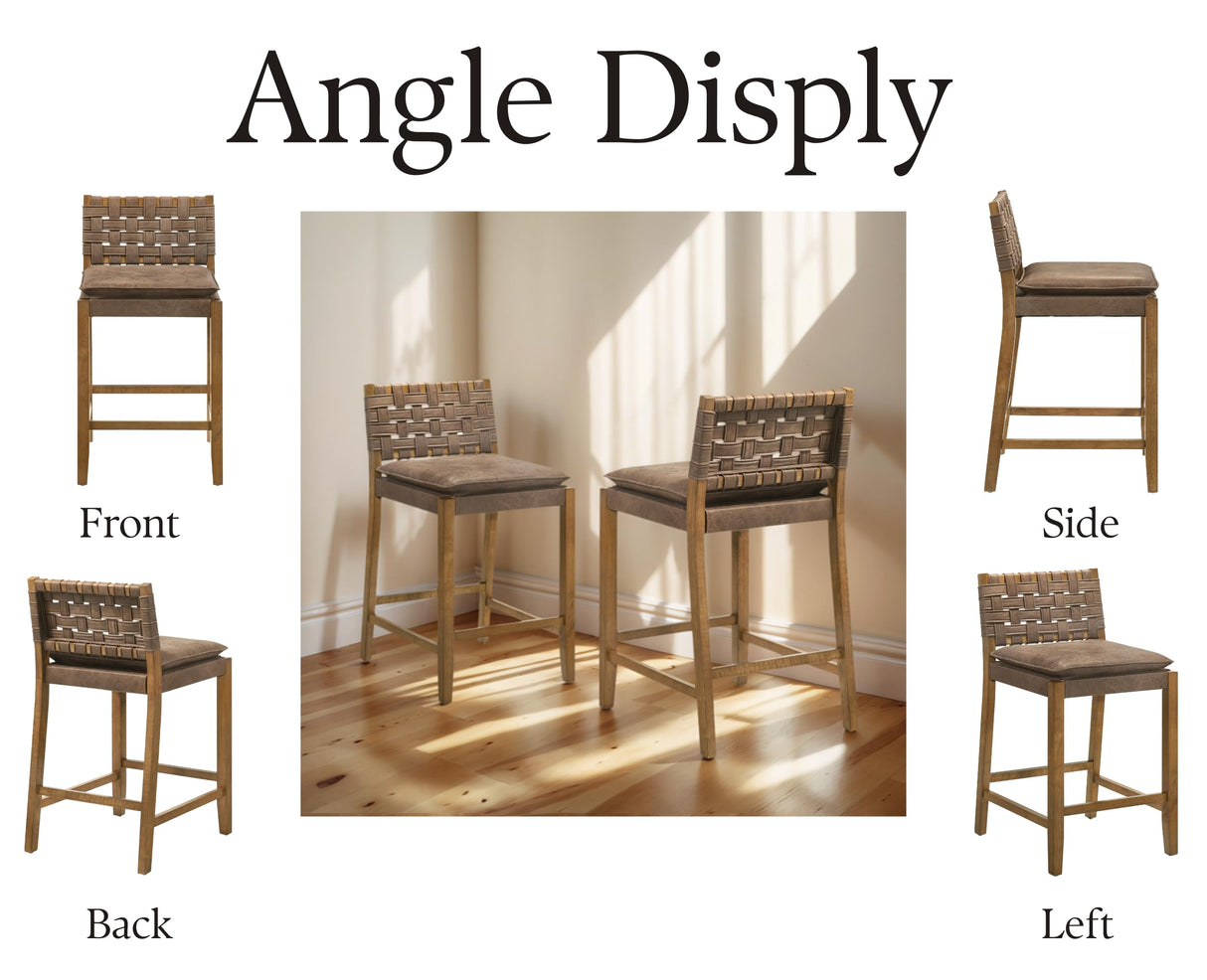 EALSON Mid Century Rattan Bar Stools Set of 4 Modern Farmhouse Barstools with Leather Woven Backs 26 Inch Wooden Counter Stool Breakfast Upholstered Bar Chairs for Kitchen Island, Brown EALSON