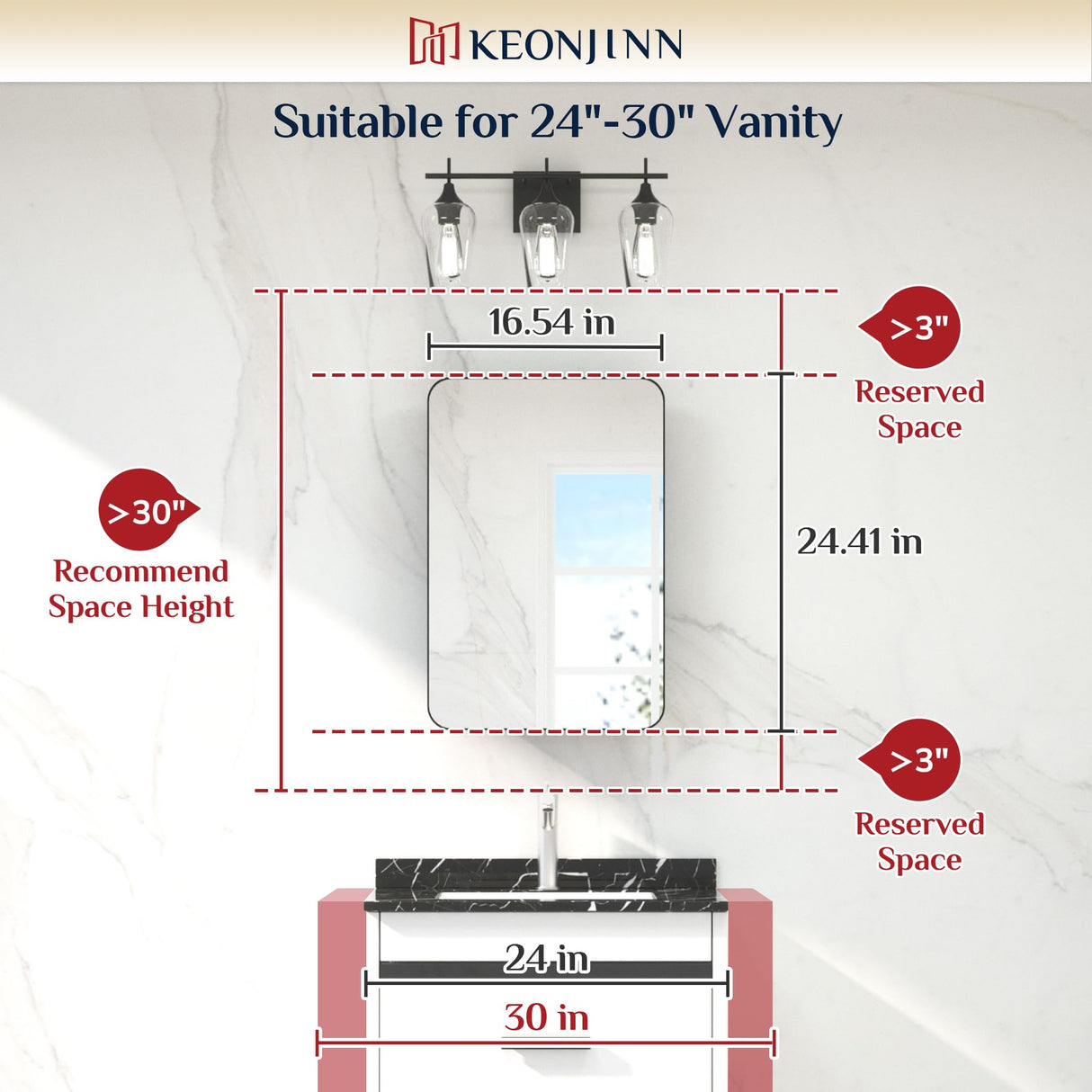 Keonjinn Black Medicine Cabinet 17 x 25 Inch, Heavy & Solid Bathroom Medicine Cabinet with Mirror, Stainless Steel Framed, Adjustable Shelves, Recessed or Wall Mount, Bathroom Mirror with Storage Keonjinn