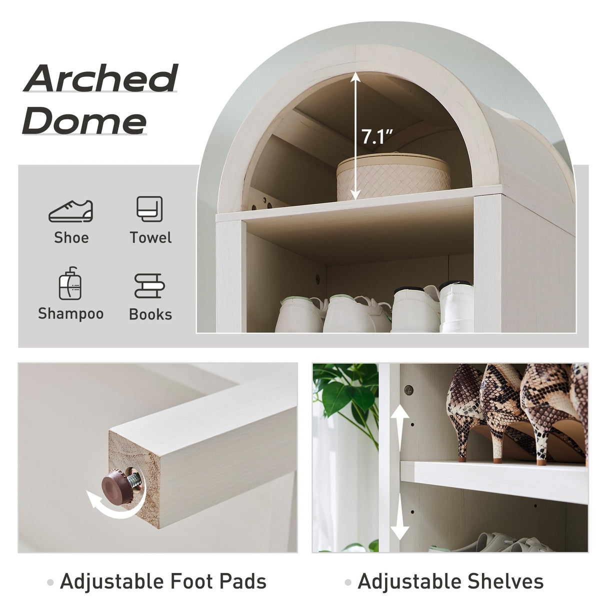 IFGET 71" Tall Arched Bookshelf, 8 Tiers Arch Bookcase with Storage, Modern Farmhouse Book Shelf with Adjustable Shelves, Wood Bookshelf w/Open Display Shelves for Living Room, Office (Antique White) IFGET