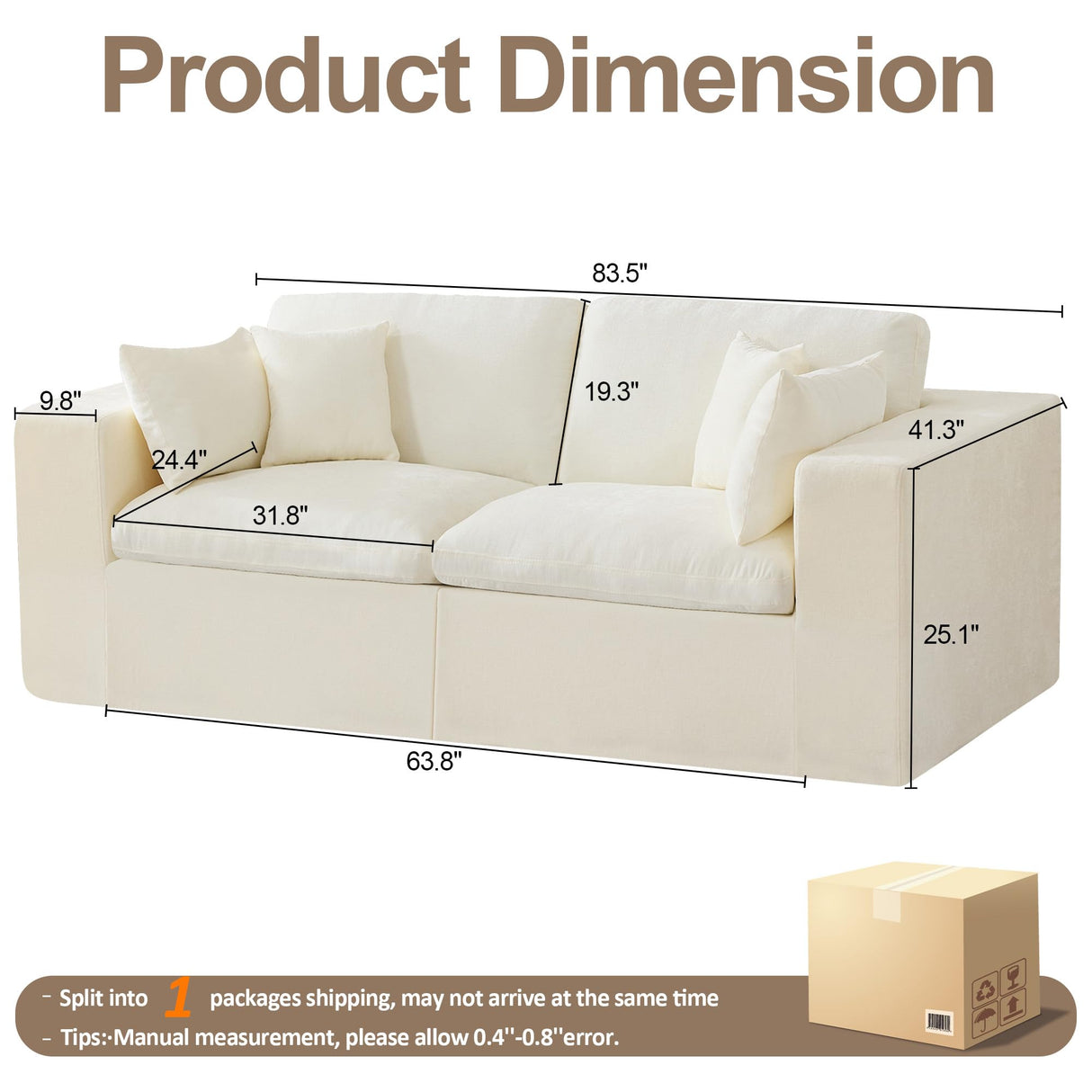 88''Cloud Boneless Sectional Couch, Modular Sectional Sofa Deep Seat, Upholstered Convertible Comfy Loveseat Chenille Memory Foam Sofa Couches for Living Room, Beige WUTUTUEE
