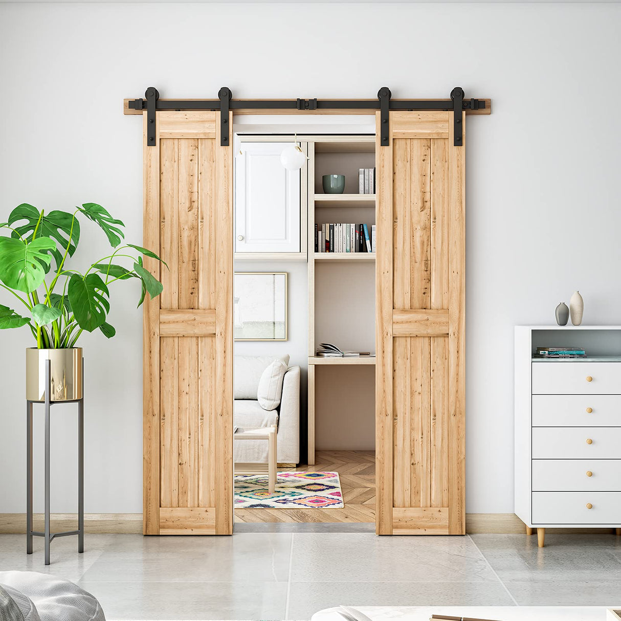 SMARTSTANDARD 6FT Heavy Duty Double Door Sliding Barn Door Hardware Kit,Smoothly and Quietly-Easy to Install-Includes Step-by-Step Installation Instruction Fit 18" Wide Door Panel SMARTSTANDARD