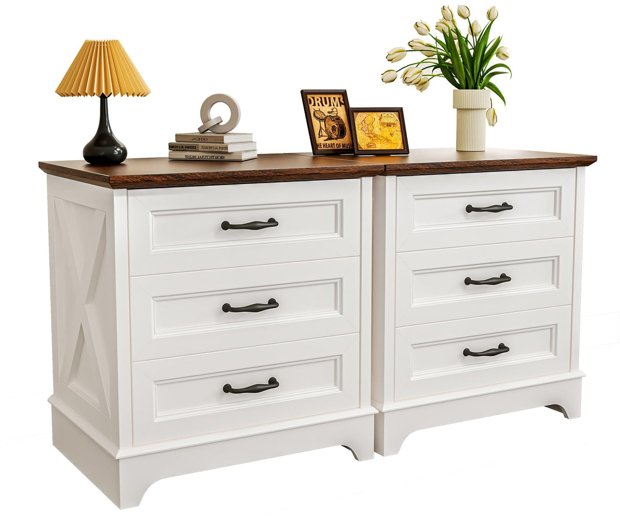 GRUSIGN Nightstand with Drawers - 22.44" Wide End Table with 3 Large Drawers & Bar Handles, Small Rustic Wood Chest of Drawers for Bedroom, Living Room, Closet, White GRUSIGN