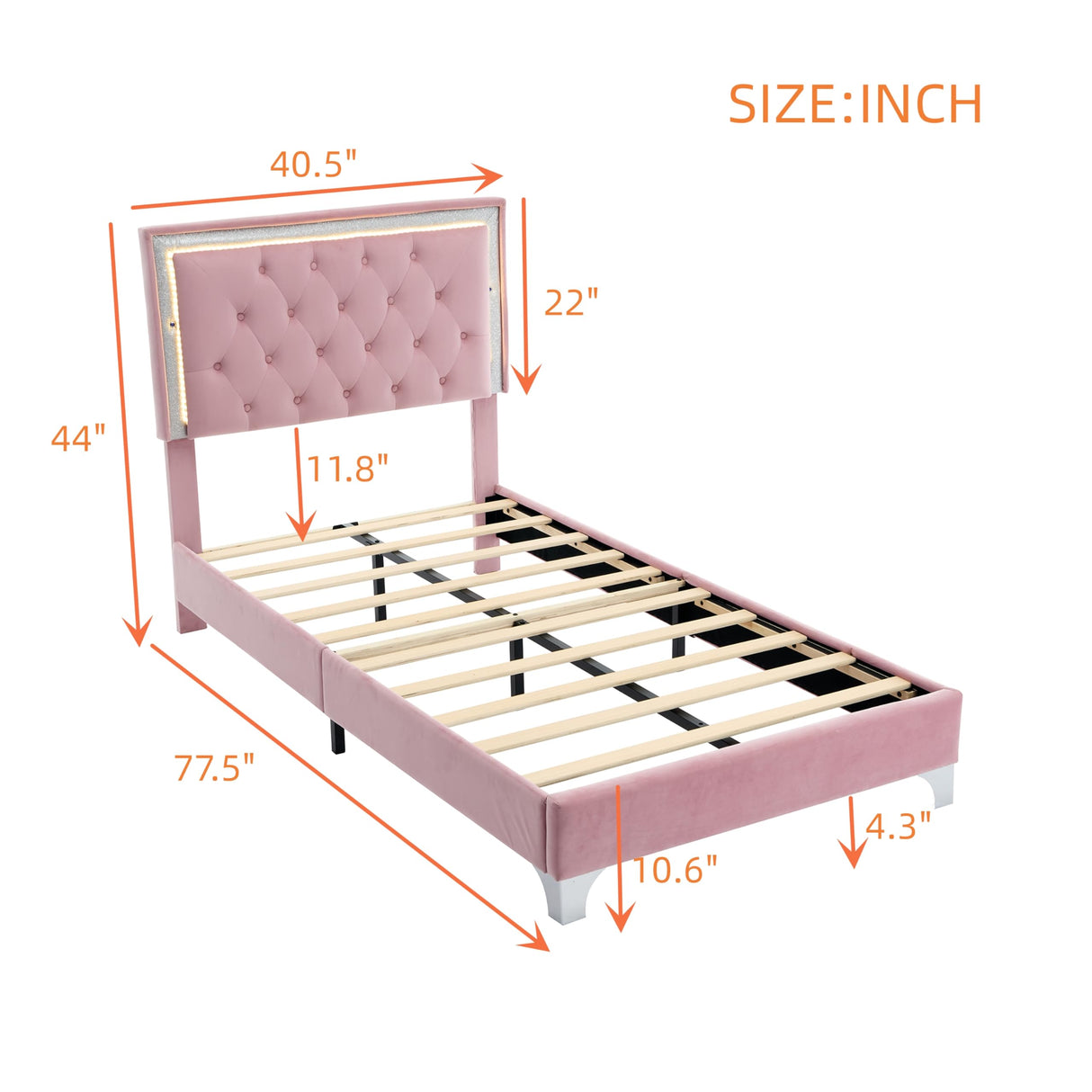 Harper & Bright Designs Velvet Twin Size Bed Frame with LED Lights, Modern Upholstered Twin Platform Bed with Tufted Headboard for Kids,Teens,Girls Boys,No Box Spring Needed,Pink Harper & Bright Designs