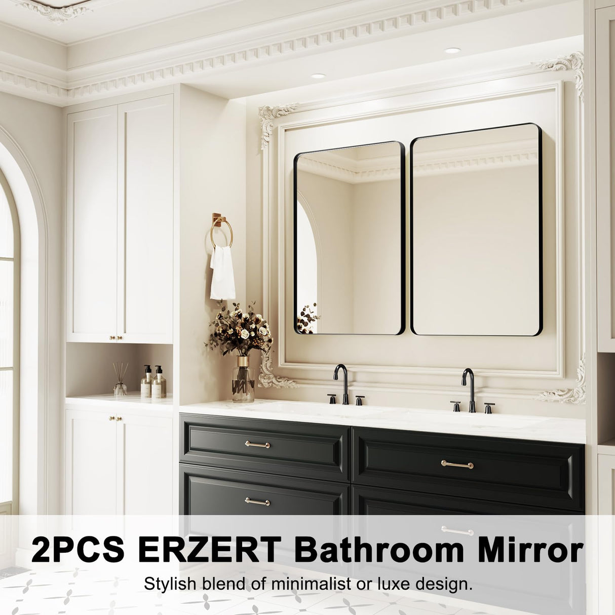 Bathroom Mirrors for Over Sink,2Pcs 24x36Inch Vanity Mirrors for Wall,Black Metal Frame Rectangle Mirrors for Bathroom,Farmhouse,Restroom,Hangs Horizontally or Vertically ERZERT