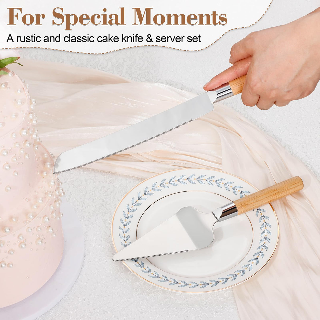 Cake Cutting Set for Wedding, Wood Cake Knife and Server Set, Vintage 2-Piece Pie Cutter Serving Set, Serrated Pizza Dessert Utensils, Bridal Anniversary Birthday Quinceañera Gift TUKDAK