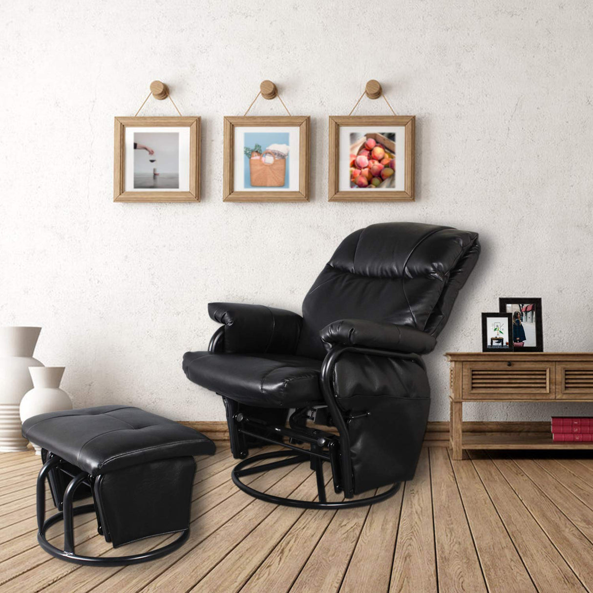 JIASTING Recliner Chair with Ottoman Living Room Chairs Faux Leather Glider Chair 360 Degree Rotation Leisure and Relaxation Furniture (Black) JIASTING